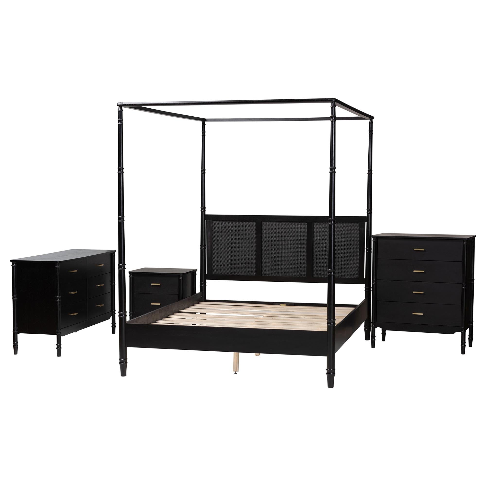Baxton Studio Marisela 4-Piece Black Bedroom Set - Canopy Bed with Synthetic Rattan Headboard, Matching Dresser, Chest, and Nightstand, Modern Transitional Wood Bedroom Furniture Collection, King