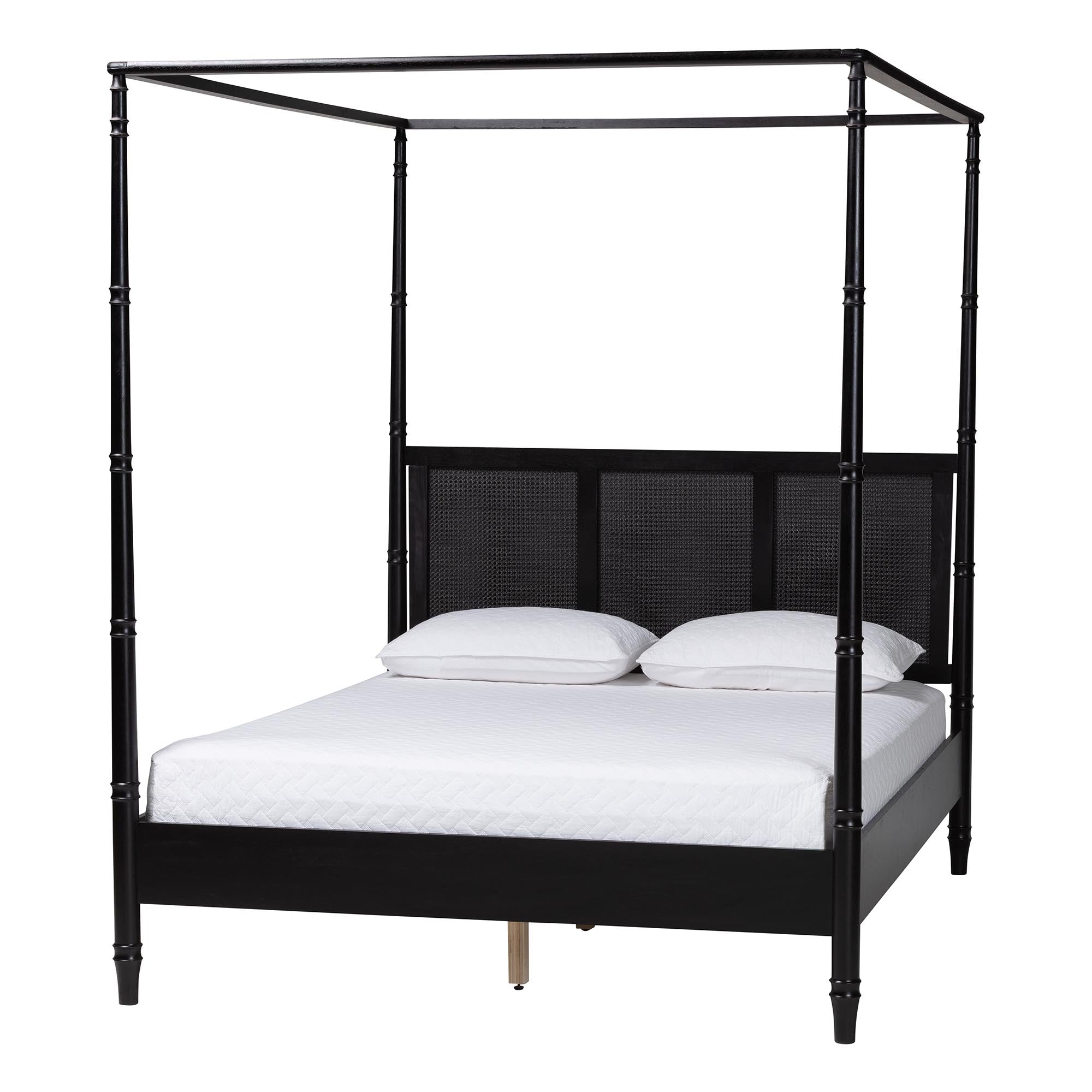 Baxton Studio Marisela 4-Piece Black Bedroom Set - Canopy Bed with Synthetic Rattan Headboard, Matching Dresser, Chest, and Nightstand, Modern Transitional Wood Bedroom Furniture Collection, King
