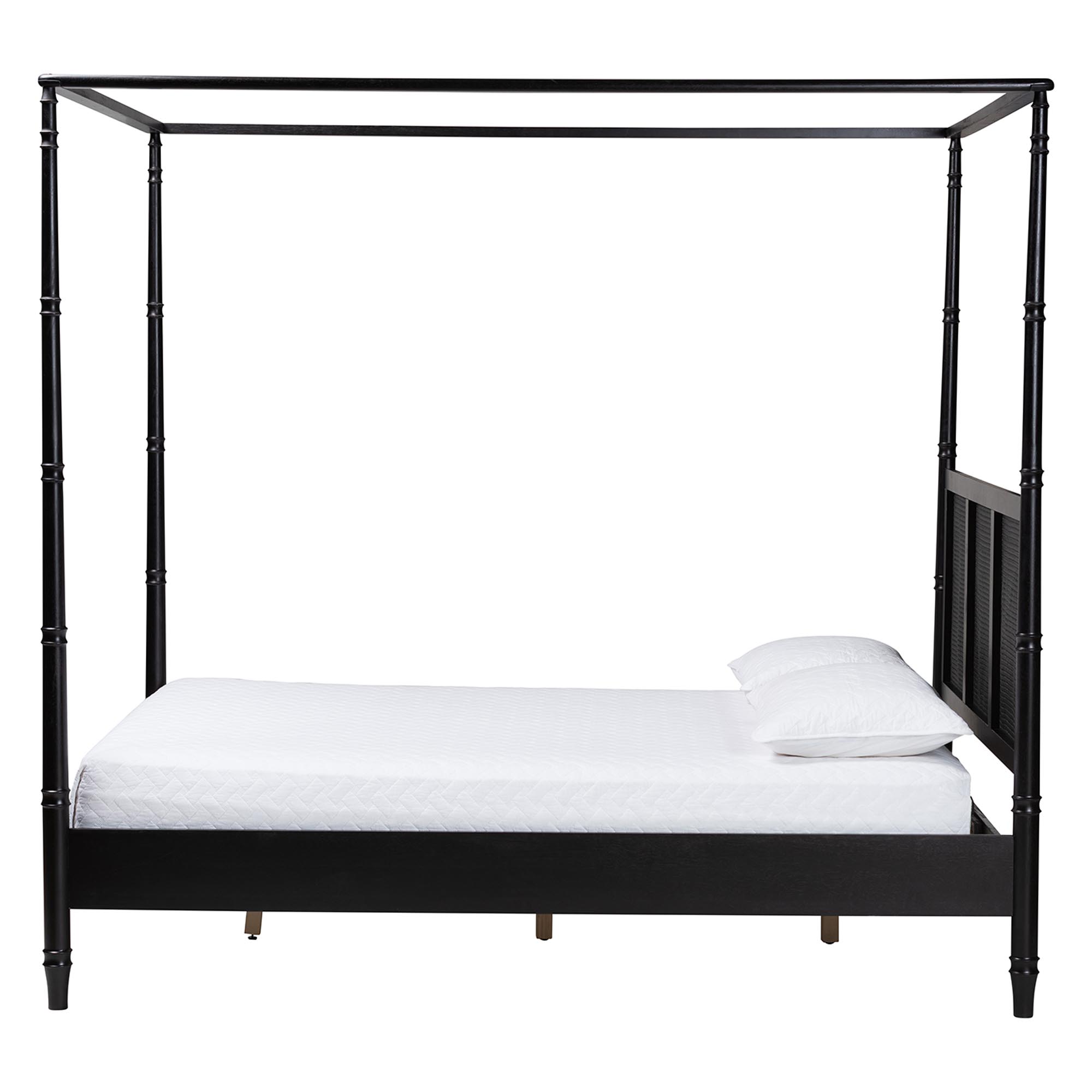 Baxton Studio Marisela Canopy Bed with Synthetic Rattan Headboard - Black Wood Bed Frame with Bamboo-Inspired Posts, Modern Transitional Bedroom Accent Furniture, Queen Size