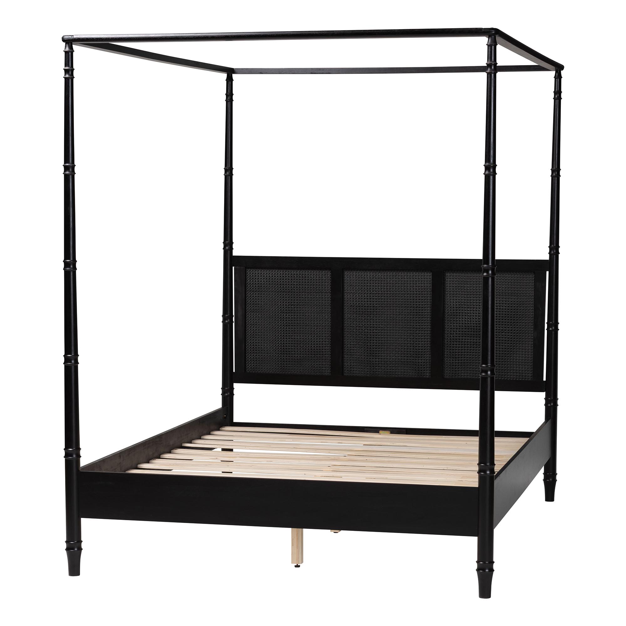 Baxton Studio Marisela Canopy Bed with Synthetic Rattan Headboard - Black Wood Bed Frame with Bamboo-Inspired Posts, Modern Transitional Bedroom Accent Furniture, King Size