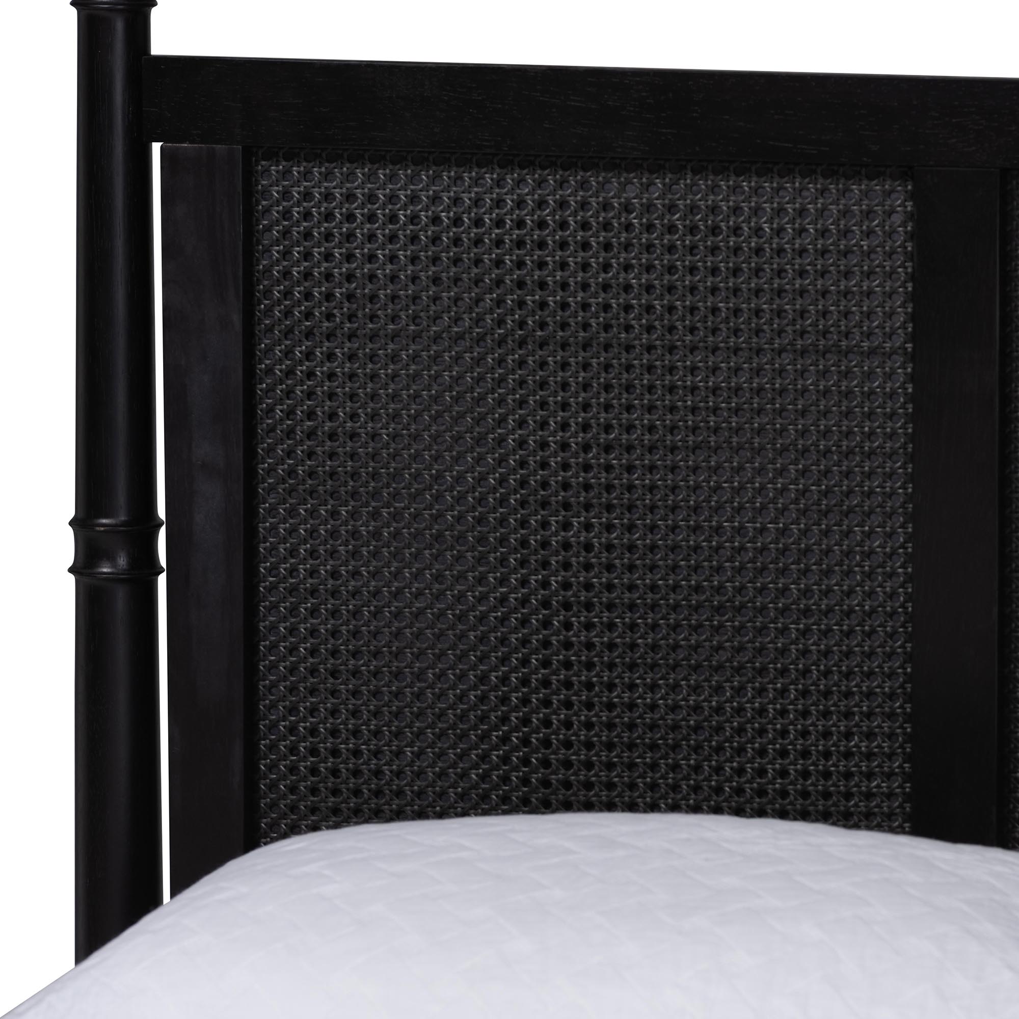 Baxton Studio Marisela Canopy Bed with Synthetic Rattan Headboard - Black Wood Bed Frame with Bamboo-Inspired Posts, Modern Transitional Bedroom Accent Furniture, King Size