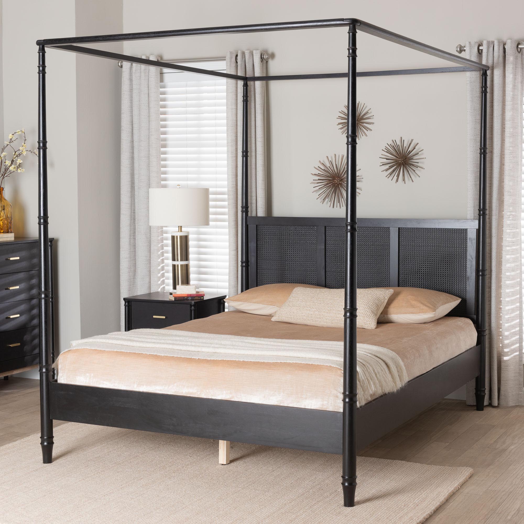 Baxton Studio Marisela Canopy Bed with Synthetic Rattan Headboard - Black Wood Bed Frame with Bamboo-Inspired Posts, Modern Transitional Bedroom Accent Furniture, Queen Size