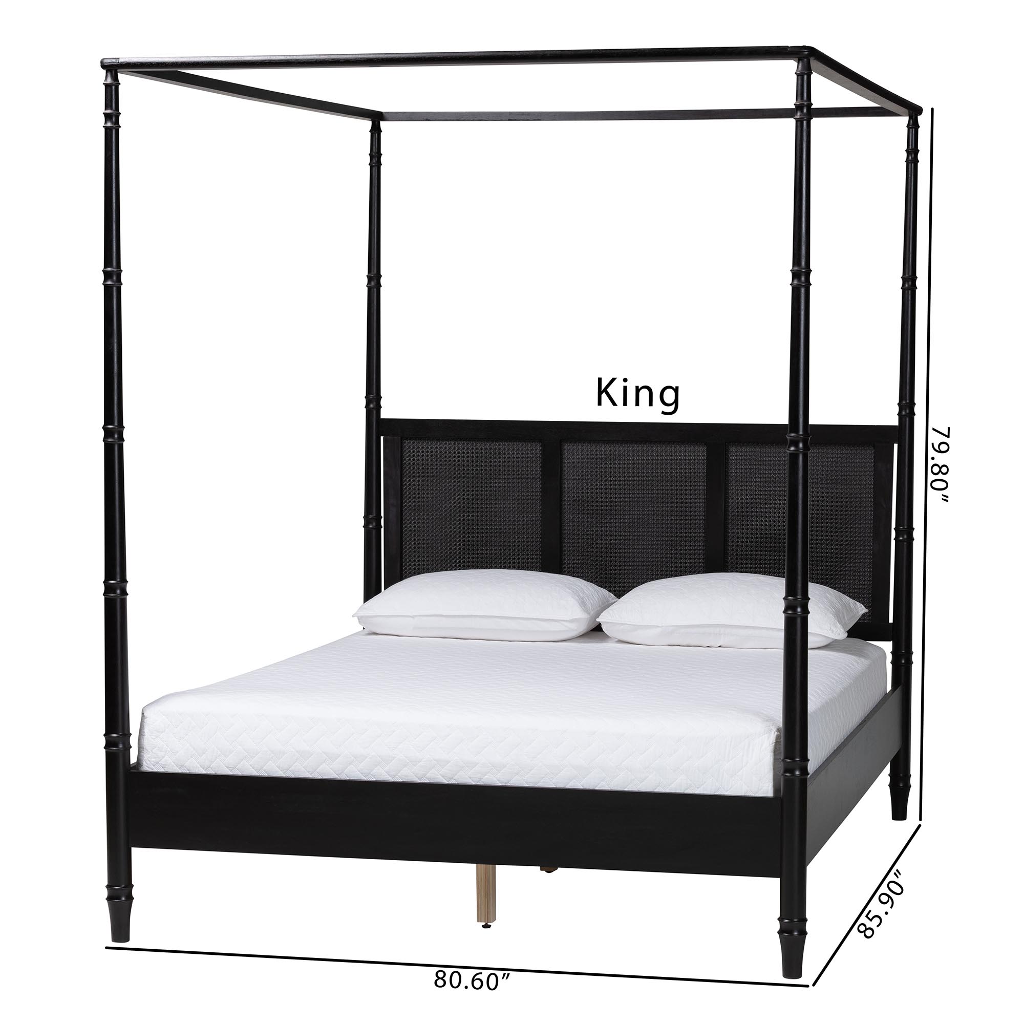 Baxton Studio Marisela Canopy Bed with Synthetic Rattan Headboard - Black Wood Bed Frame with Bamboo-Inspired Posts, Modern Transitional Bedroom Accent Furniture, Queen Size
