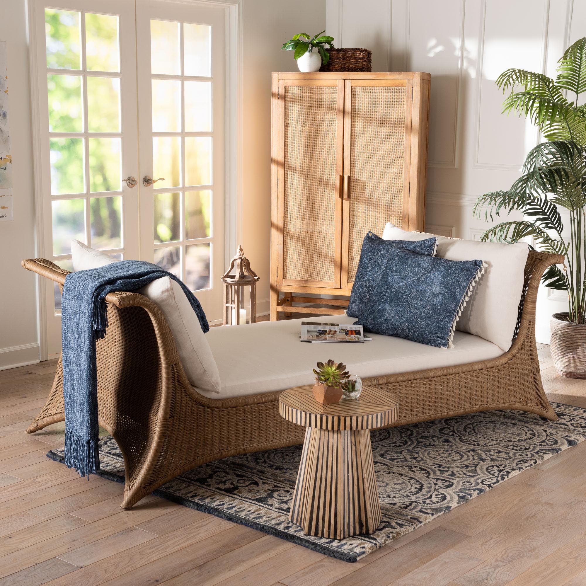 bali & pari Kalisha Natural Rattan Daybed with Cushions - Coastal Boho Indoor Lounge Sofa Bench for Living Room, Sunroom, or Bedroom Relaxation