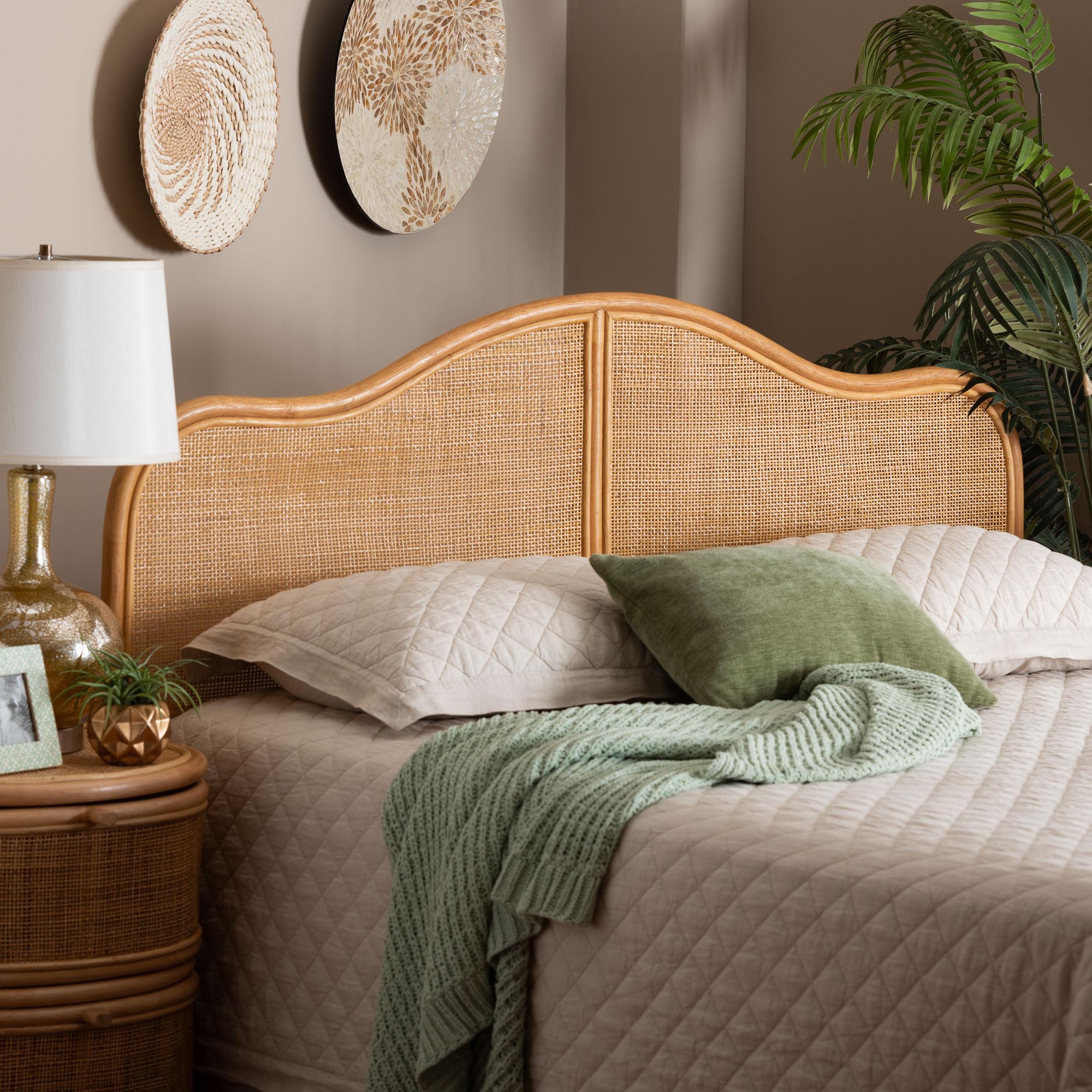 bali & pari Adelita Natural Rattan Arched Headboard - Handwoven Cane Panel with Rattan Frame, Coastal Boho Style Bedroom Decor, Queen