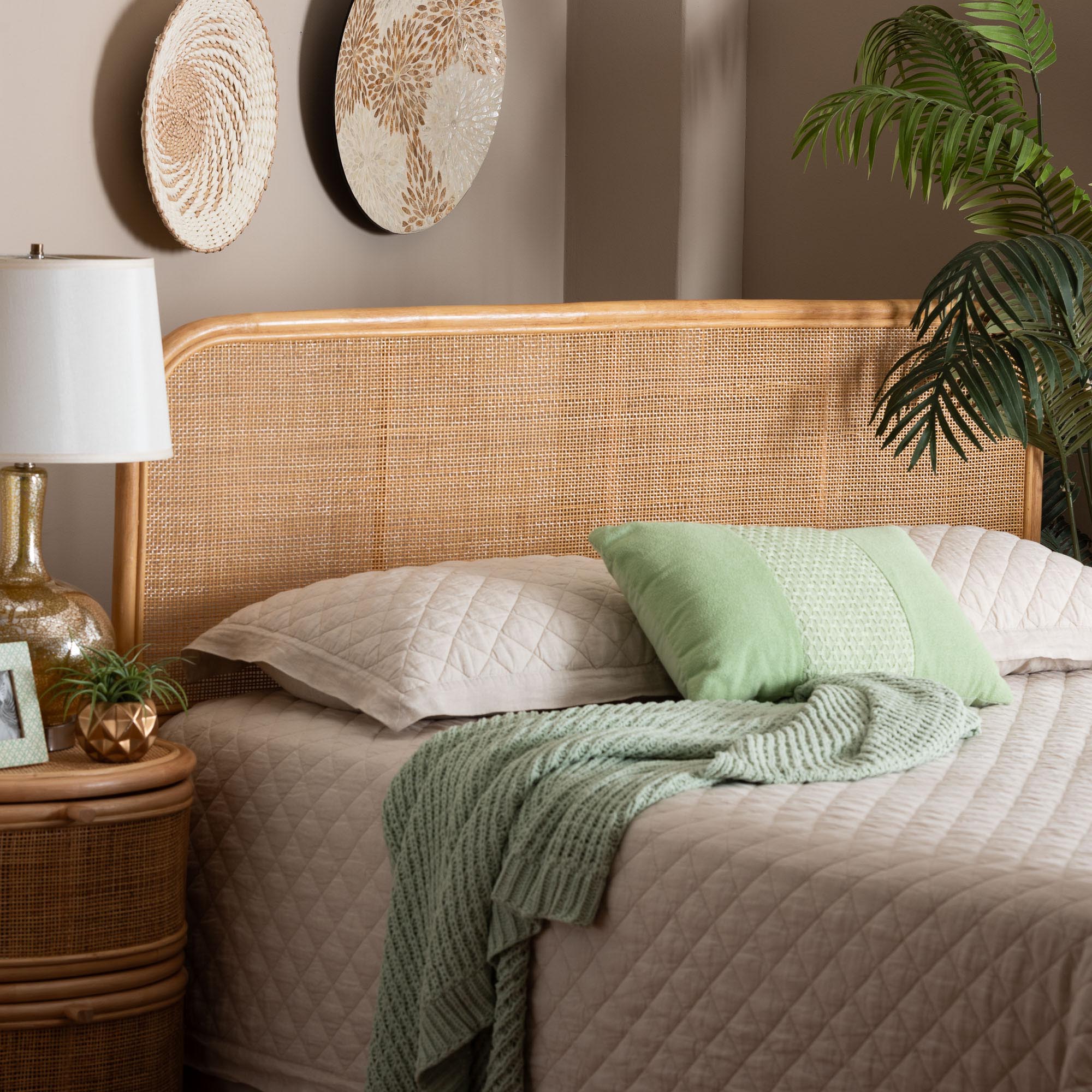 bali & pari Agota Natural Rattan Standalone Headboard - Handwoven Wicker Panel with Rounded Corners and Rattan Frame, Coastal Boho Style Bedroom Decor, Queen