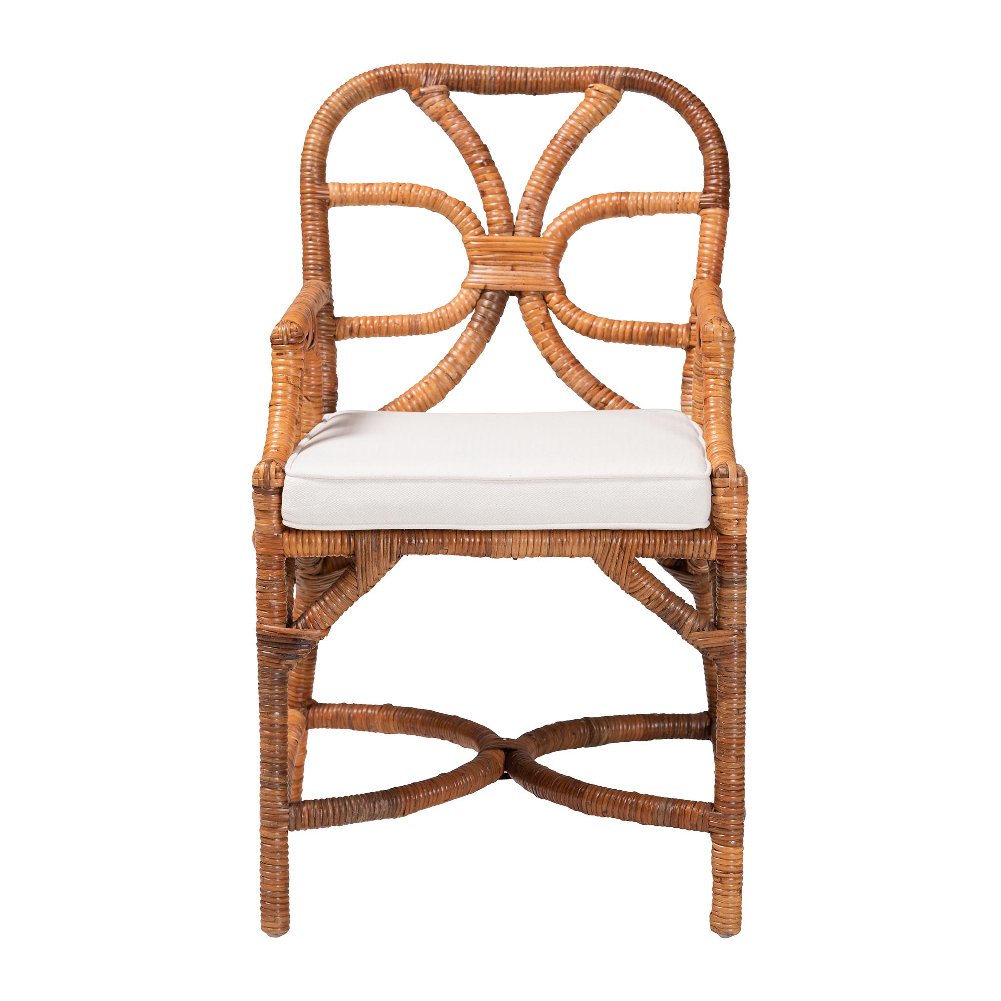 bali & pari Alondra Natural Rattan Dining Chair - Handwoven Wicker Accent Chair with Armrests and Removable Cushion, Coastal Boho Kitchen or Dining Room Seating