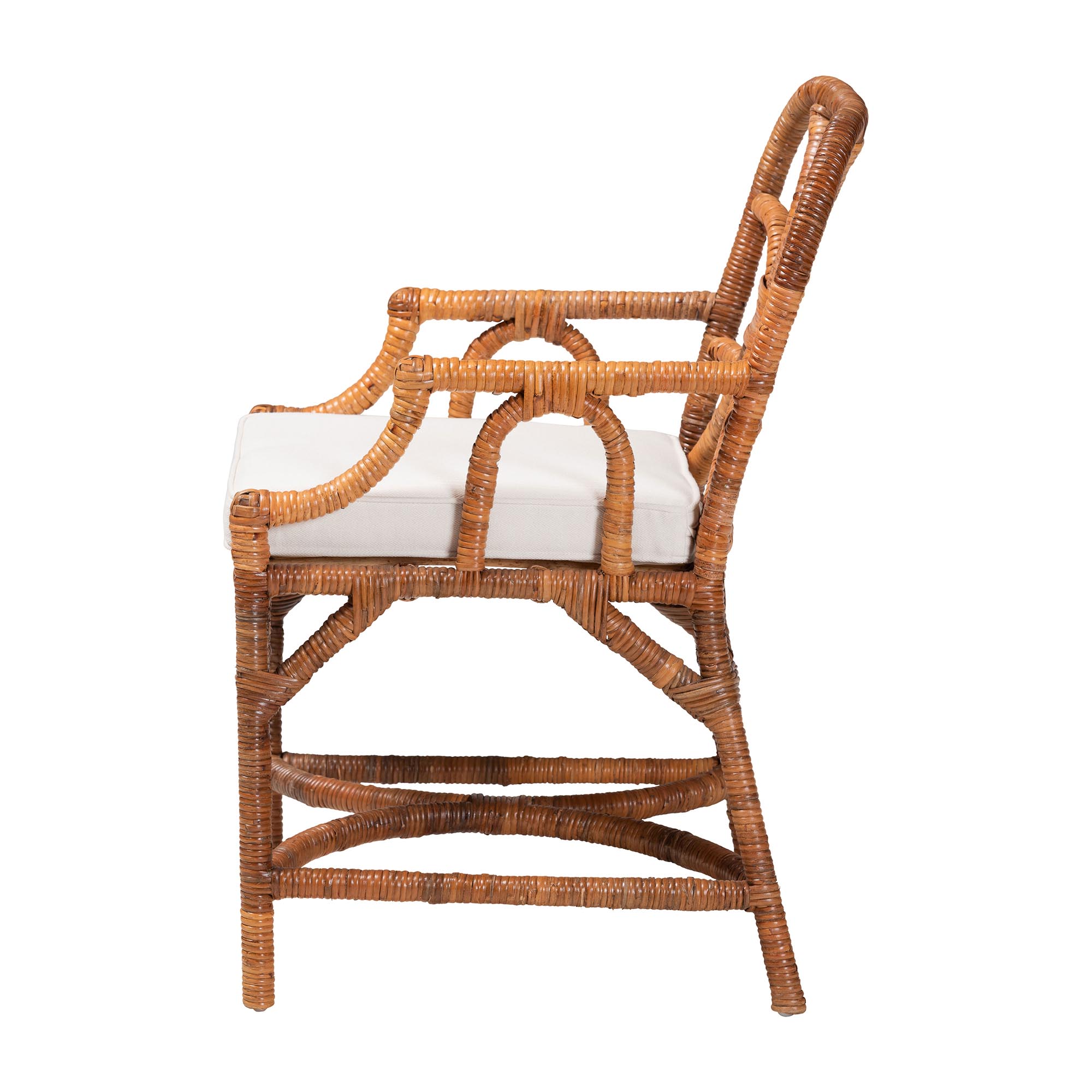 bali & pari Alondra Natural Rattan Dining Chair - Handwoven Wicker Accent Chair with Armrests and Removable Cushion, Coastal Boho Kitchen or Dining Room Seating