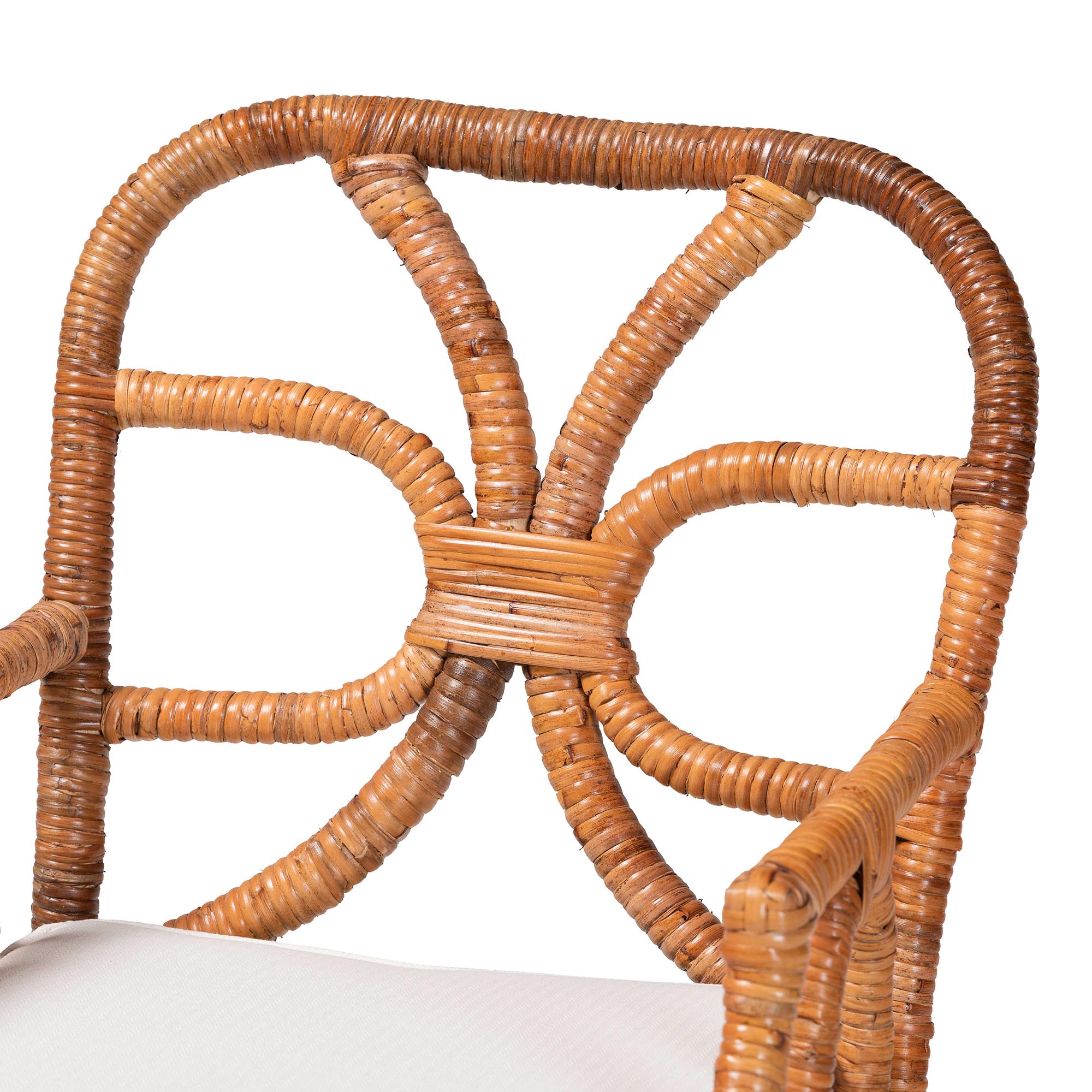 bali & pari Alondra Natural Rattan Dining Chair - Handwoven Wicker Accent Chair with Armrests and Removable Cushion, Coastal Boho Kitchen or Dining Room Seating