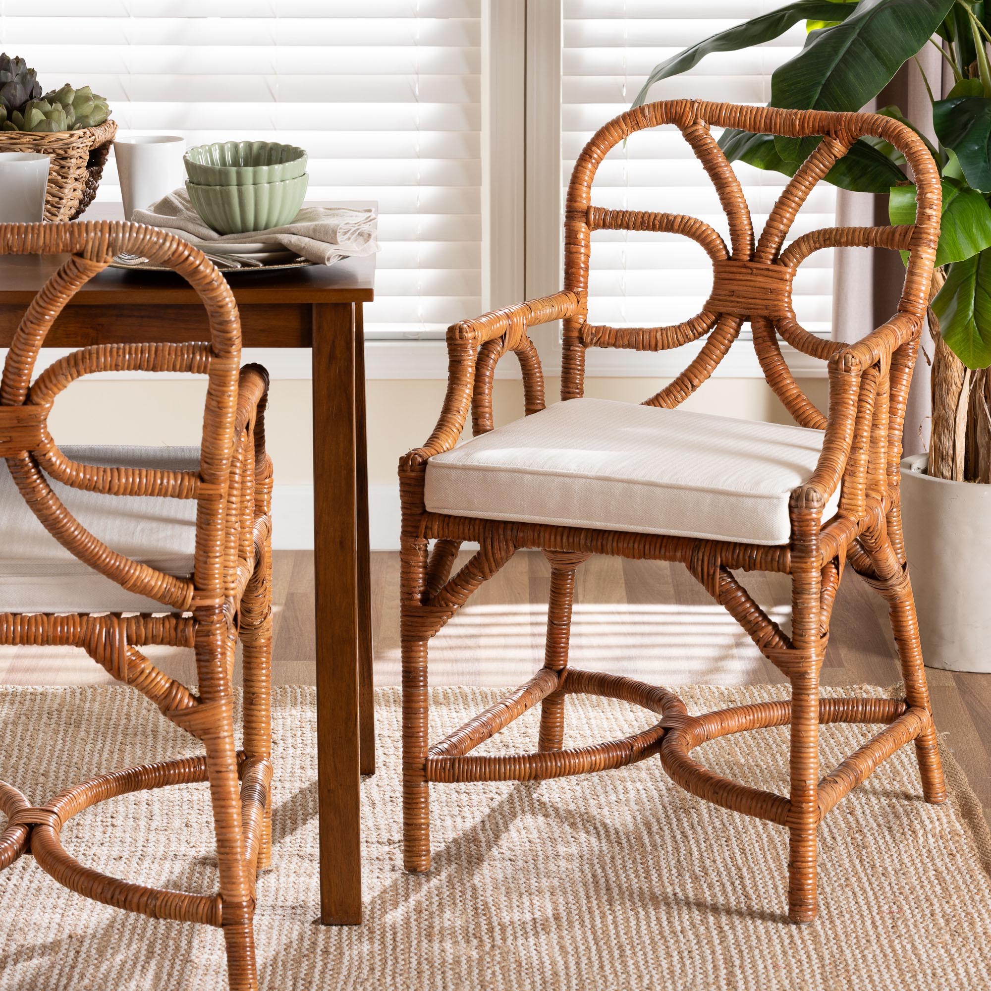 bali & pari Alondra Natural Rattan Dining Chair - Handwoven Wicker Accent Chair with Armrests and Removable Cushion, Coastal Boho Kitchen or Dining Room Seating