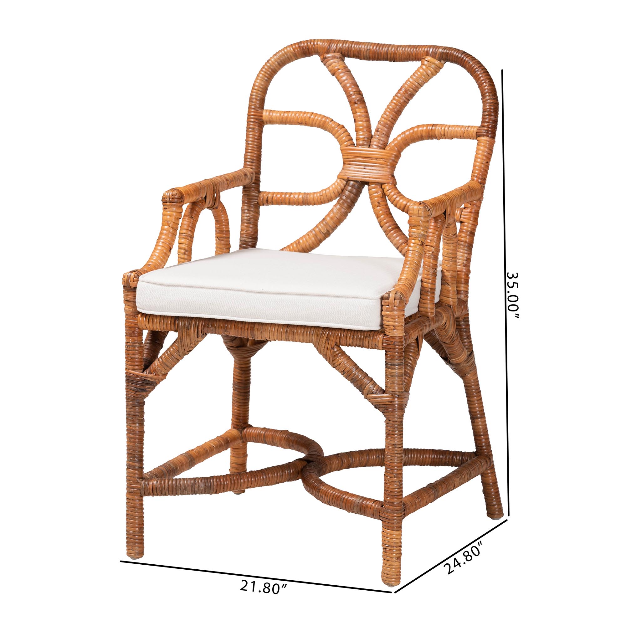bali & pari Alondra Natural Rattan Dining Chair - Handwoven Wicker Accent Chair with Armrests and Removable Cushion, Coastal Boho Kitchen or Dining Room Seating