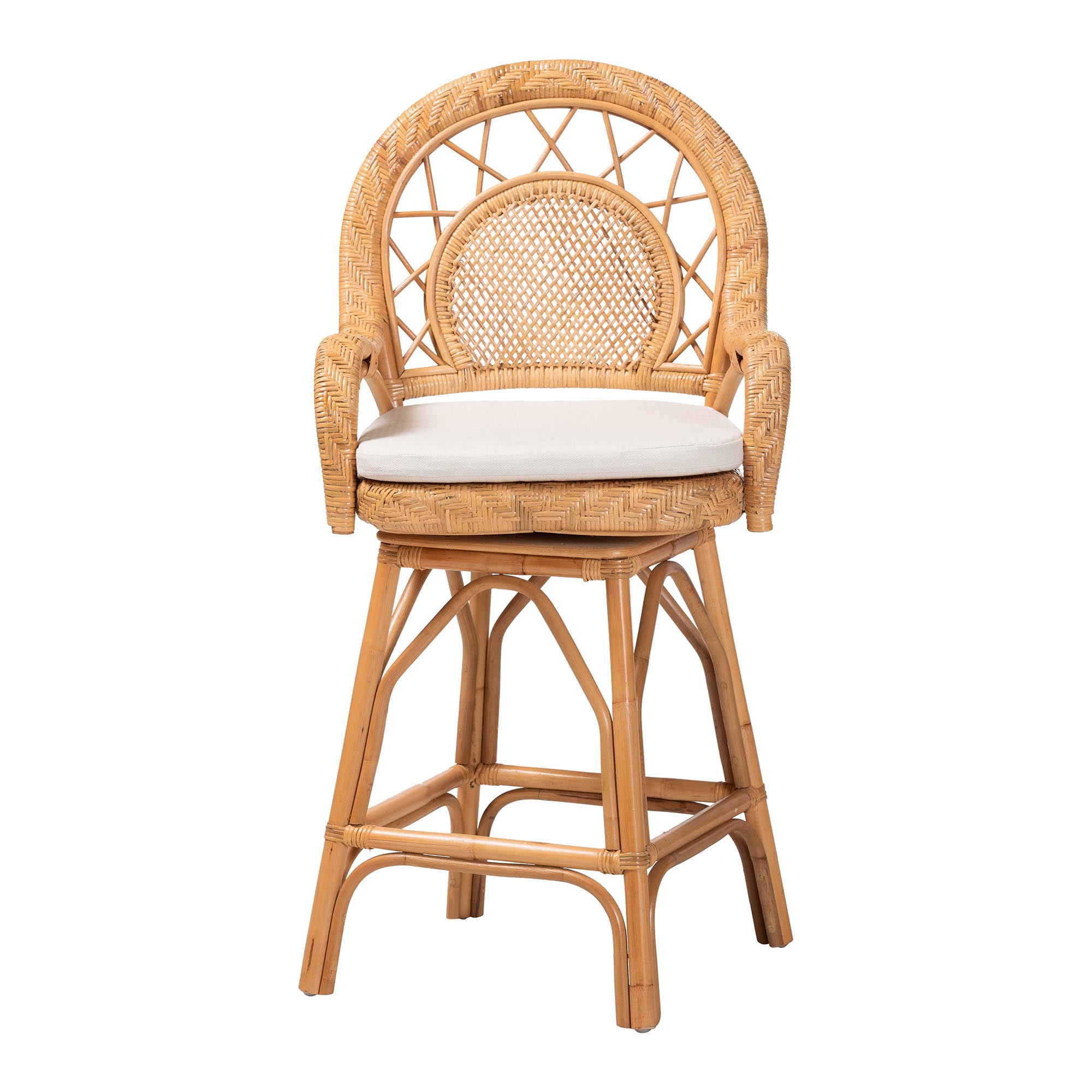 bali & pari Adam Natural Rattan Counter Stool with Cushion - Handwoven Wicker Swivel Bar Chair for Kitchen Island or Lounge Area