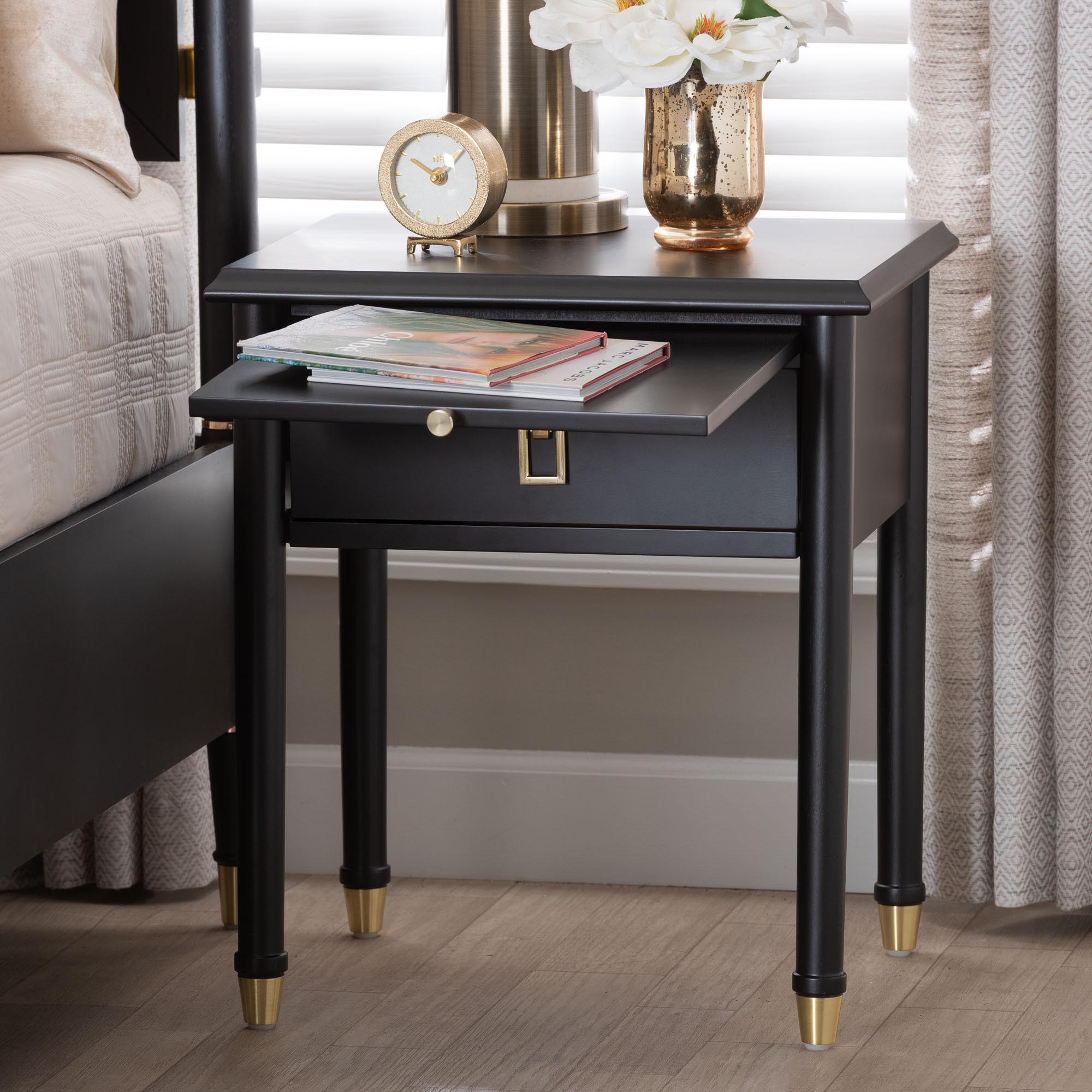 Baxton Studio Tamra Black Wood Nightstand with Pullout Shelf - Modern Transitional Bedside Table with Metallic Accents
