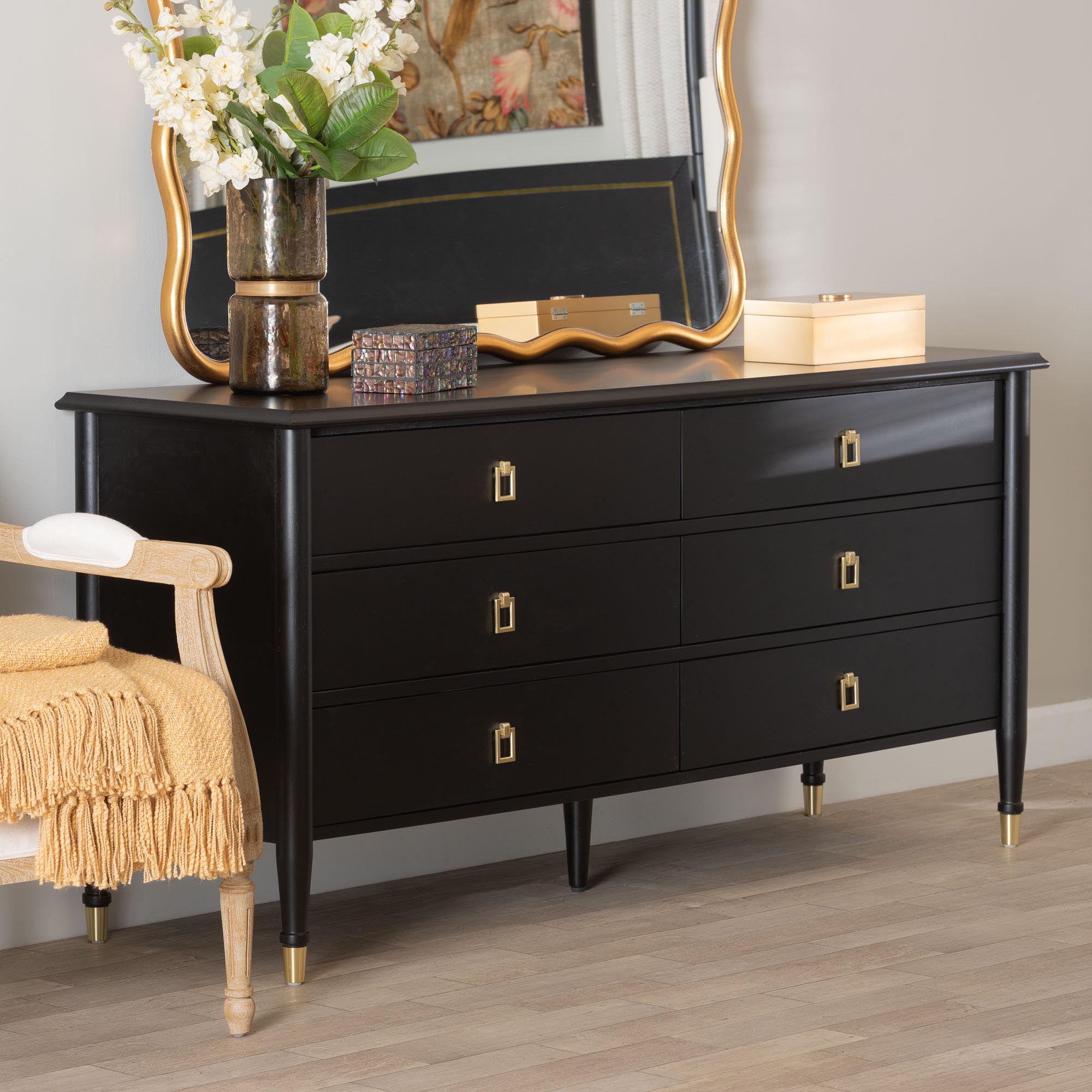 Baxton Studio Tamra Black Wood Dresser with Drawers - Bedroom Storage Unit with Metallic Accents, 6-Drawer Modern Transitional Bedroom Storage Solution