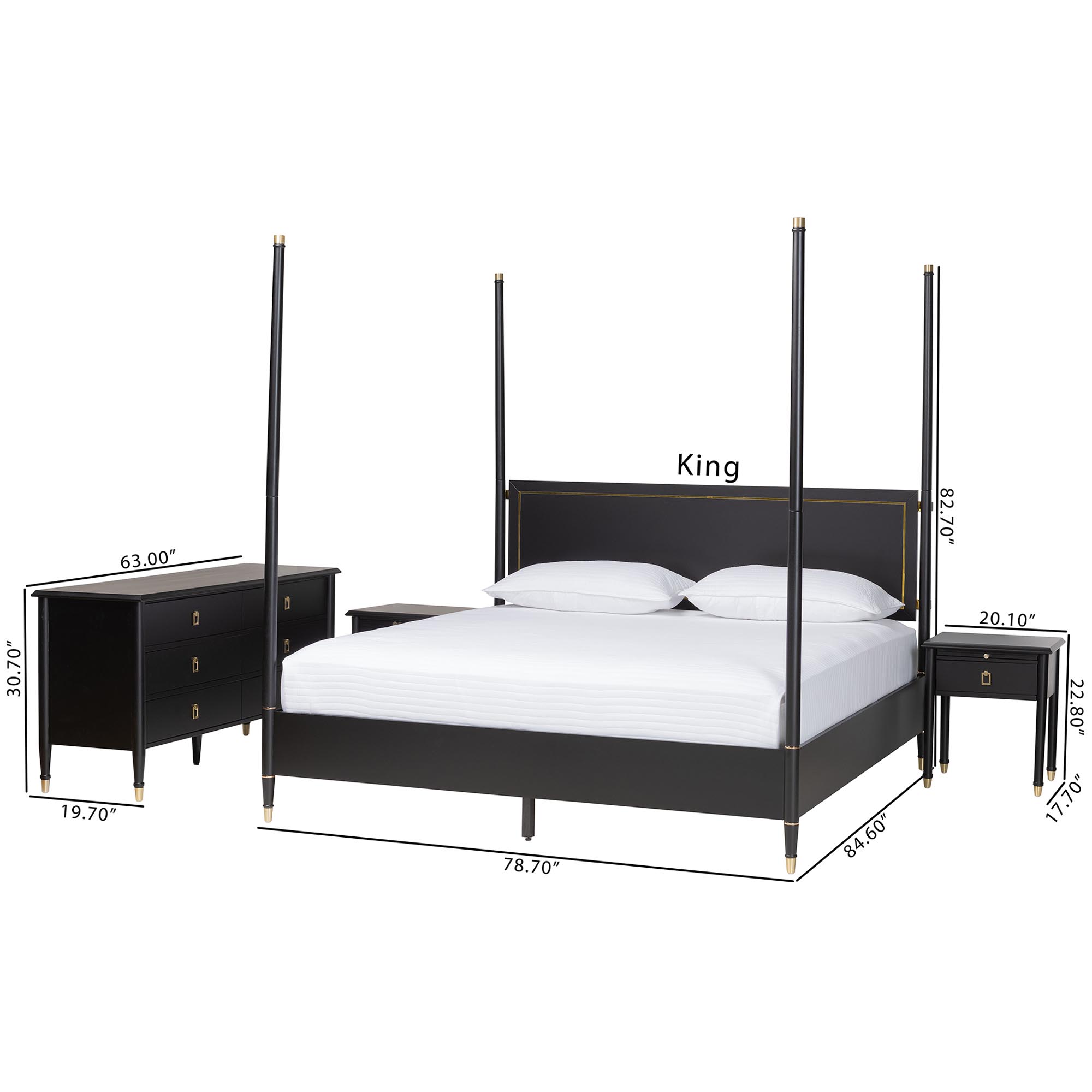 Baxton Studio Tamra Four-Poster Platform Bedroom Set - Black Wood Bed Frame with Matching Dresser and Two Nightstands, Modern Transitional Bedroom Furniture, King