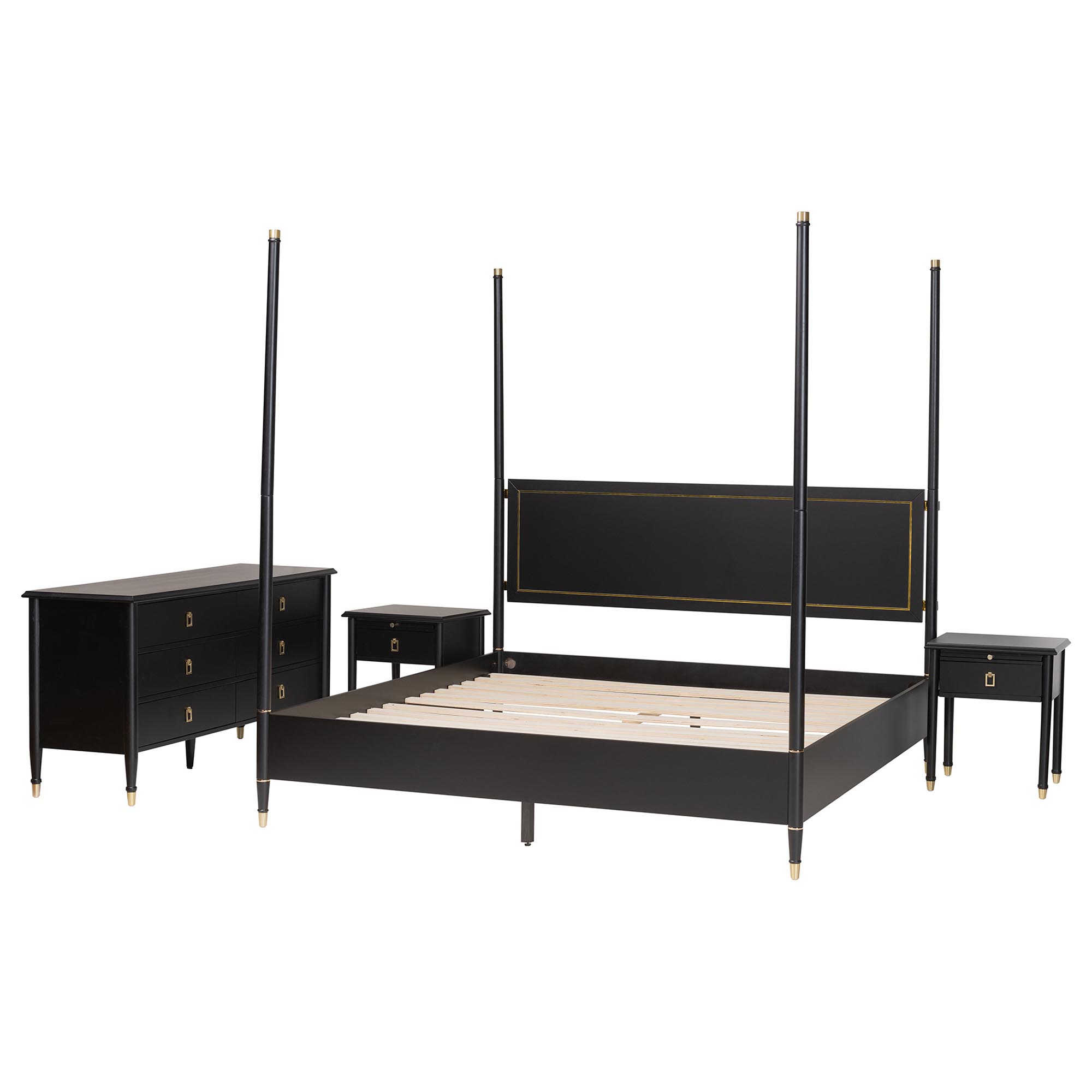 Baxton Studio Tamra Four-Poster Platform Bedroom Set - Black Wood Bed Frame with Matching Dresser and Two Nightstands, Modern Transitional Bedroom Furniture, King