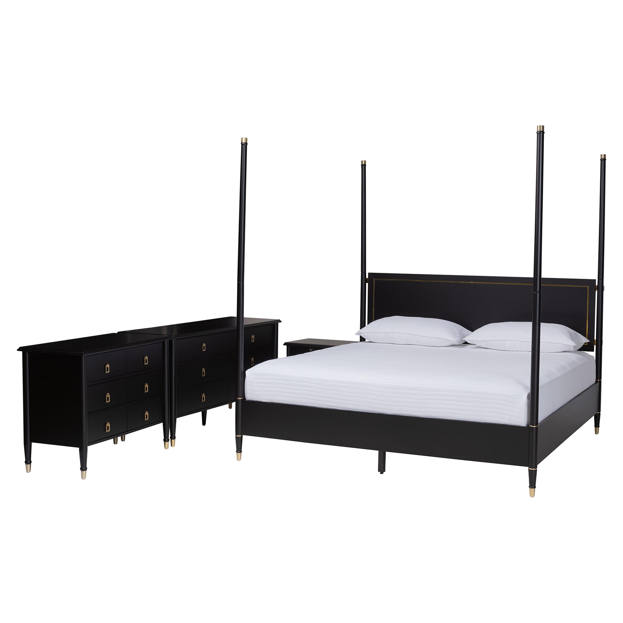 Baxton Studio Tamra Four-Poster Platform Bedroom Set - Black Wood Bed Frame with Matching Dresser, Chest and Nightstand, Modern Transitional Bedroom Furniture, King