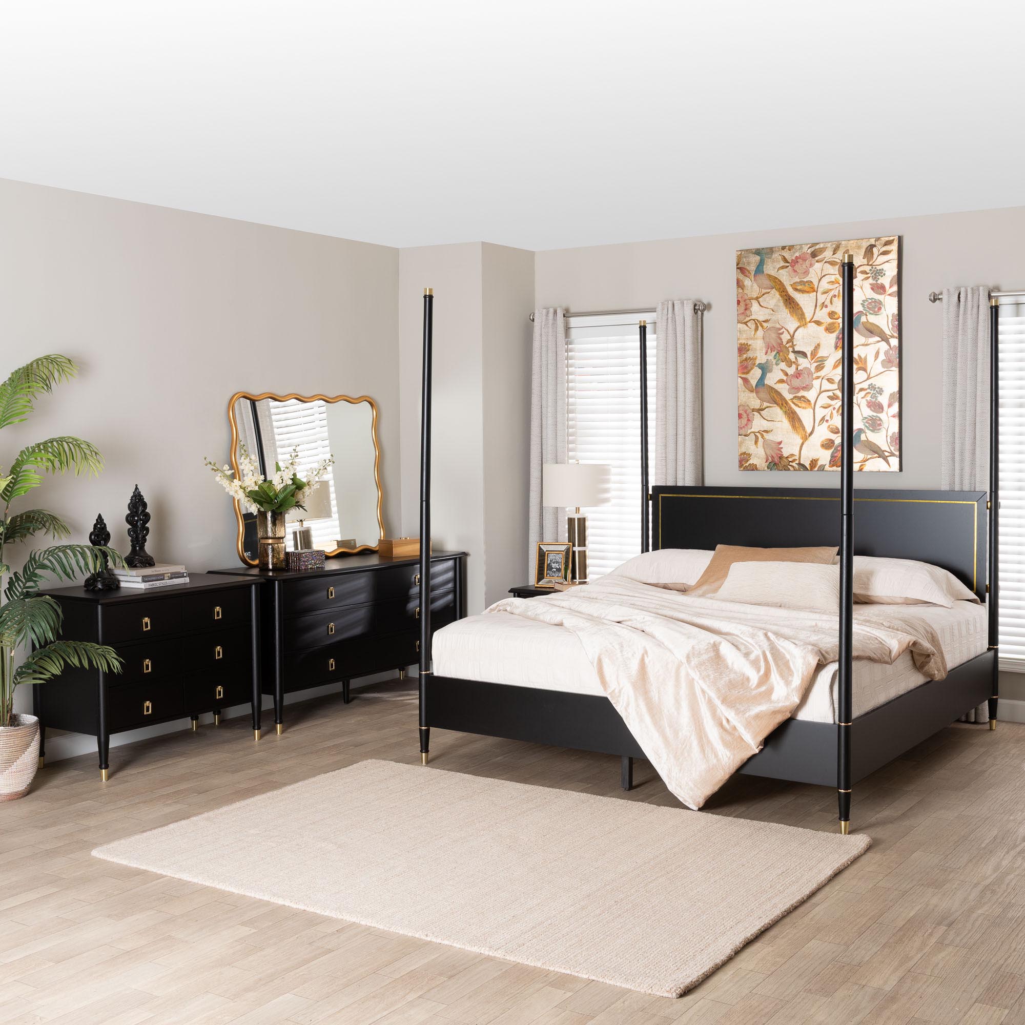 Baxton Studio Tamra Four-Poster Platform Bedroom Set - Black Wood Bed Frame with Matching Dresser, Chest and Nightstand, Modern Transitional Bedroom Furniture, King