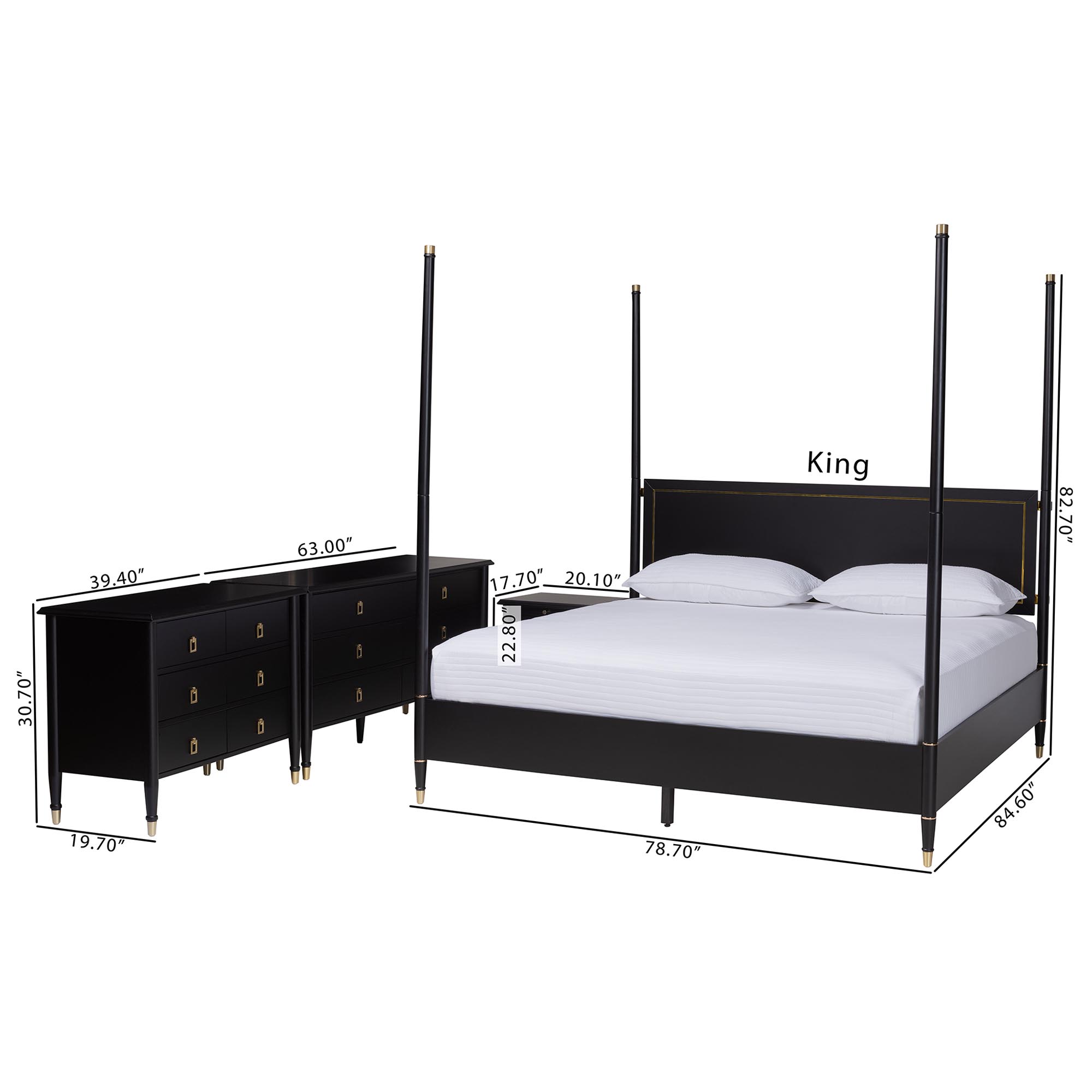 Baxton Studio Tamra Four-Poster Platform Bedroom Set - Black Wood Bed Frame with Matching Dresser, Chest and Nightstand, Modern Transitional Bedroom Furniture, King