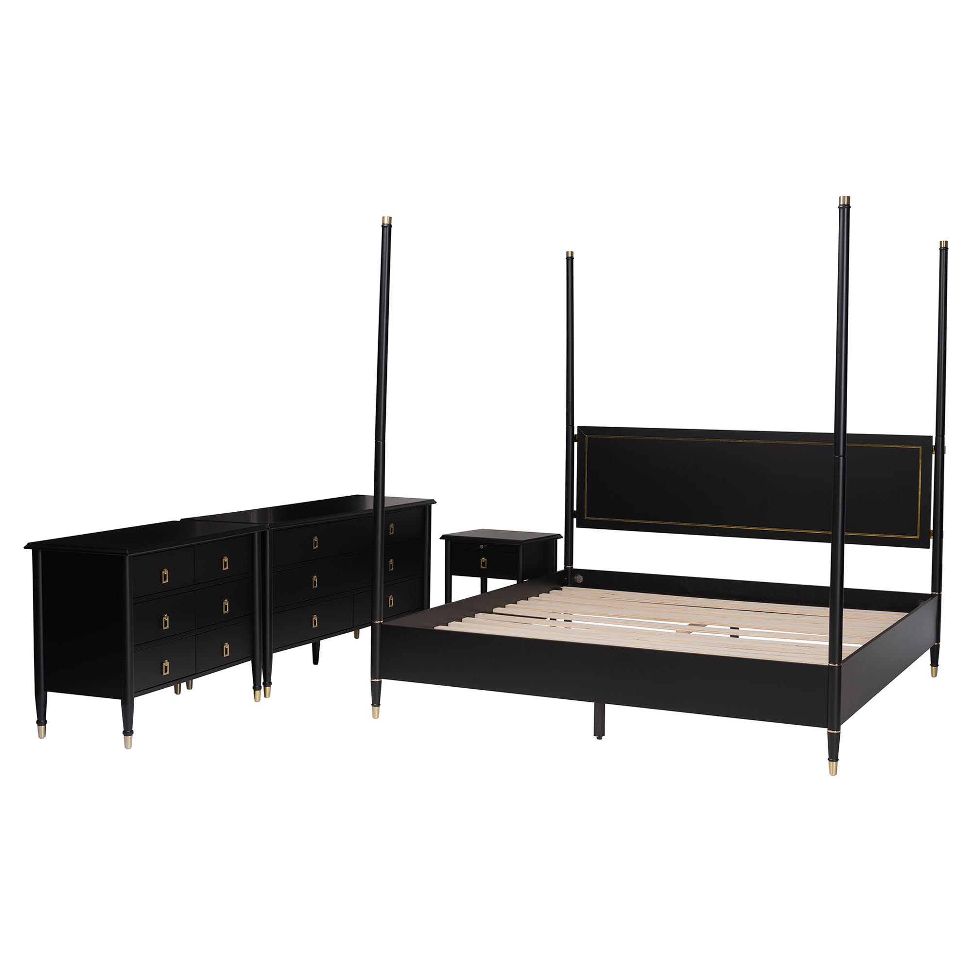 Baxton Studio Tamra Four-Poster Platform Bedroom Set - Black Wood Bed Frame with Matching Dresser, Chest and Nightstand, Modern Transitional Bedroom Furniture, King