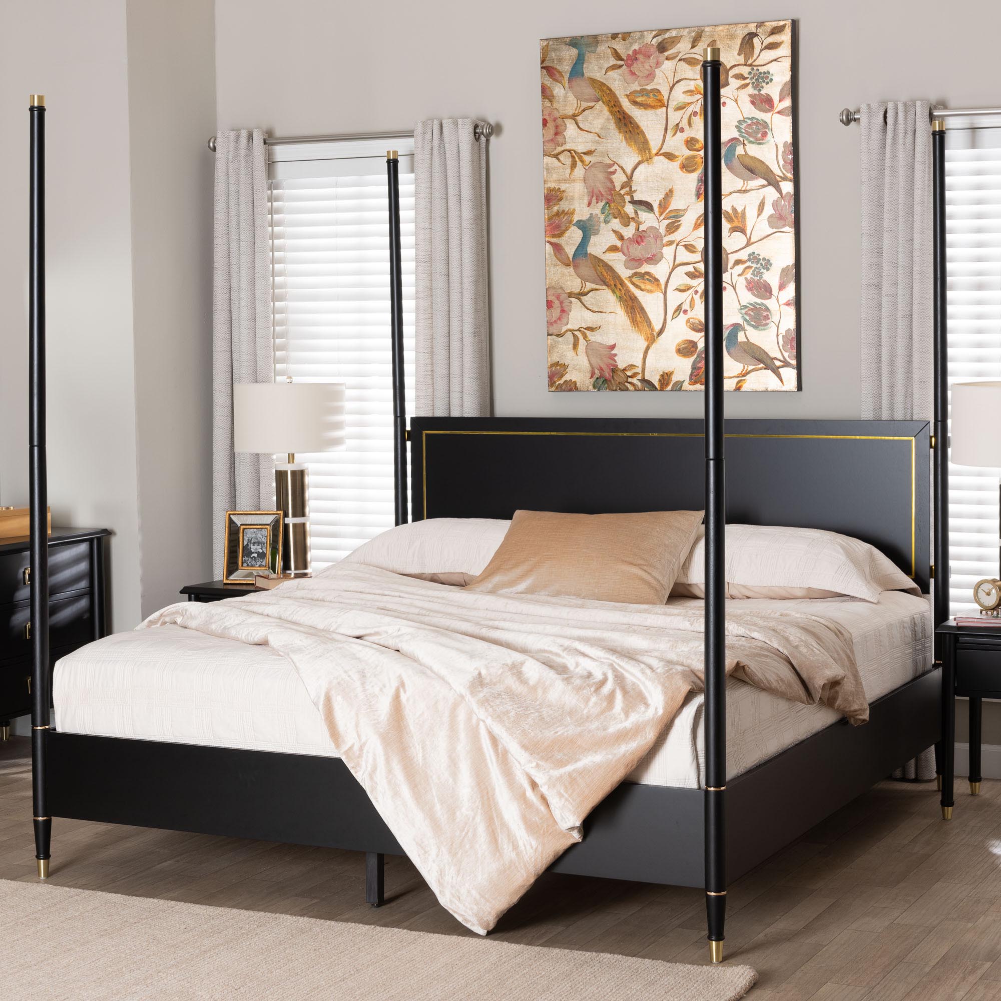 Baxton Studio Tamra Four-Poster Platform Bed - Black Wood Bed Frame with Metallic Trim and Capped Legs, Modern Transitional Bedroom Furniture, King