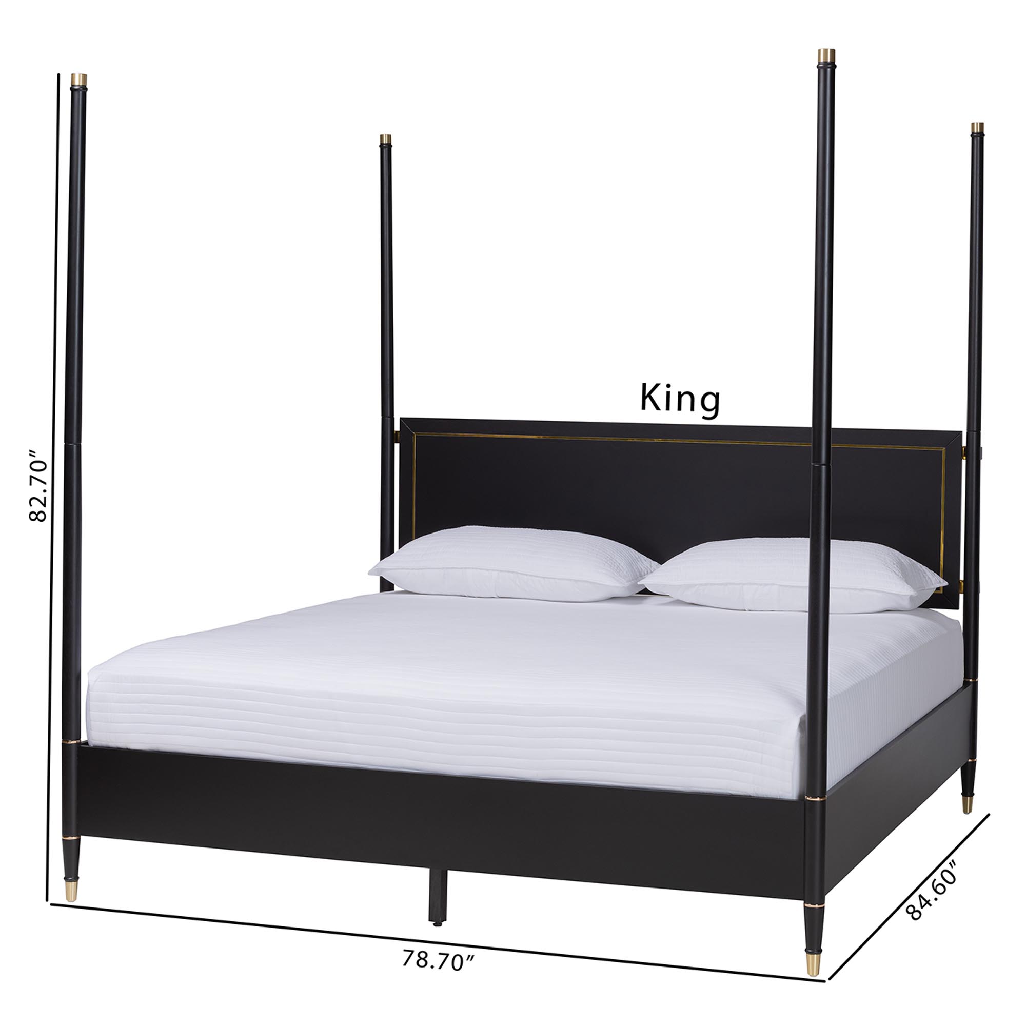 Baxton Studio Tamra Four-Poster Platform Bed - Black Wood Bed Frame with Metallic Trim and Capped Legs, Modern Transitional Bedroom Furniture, King