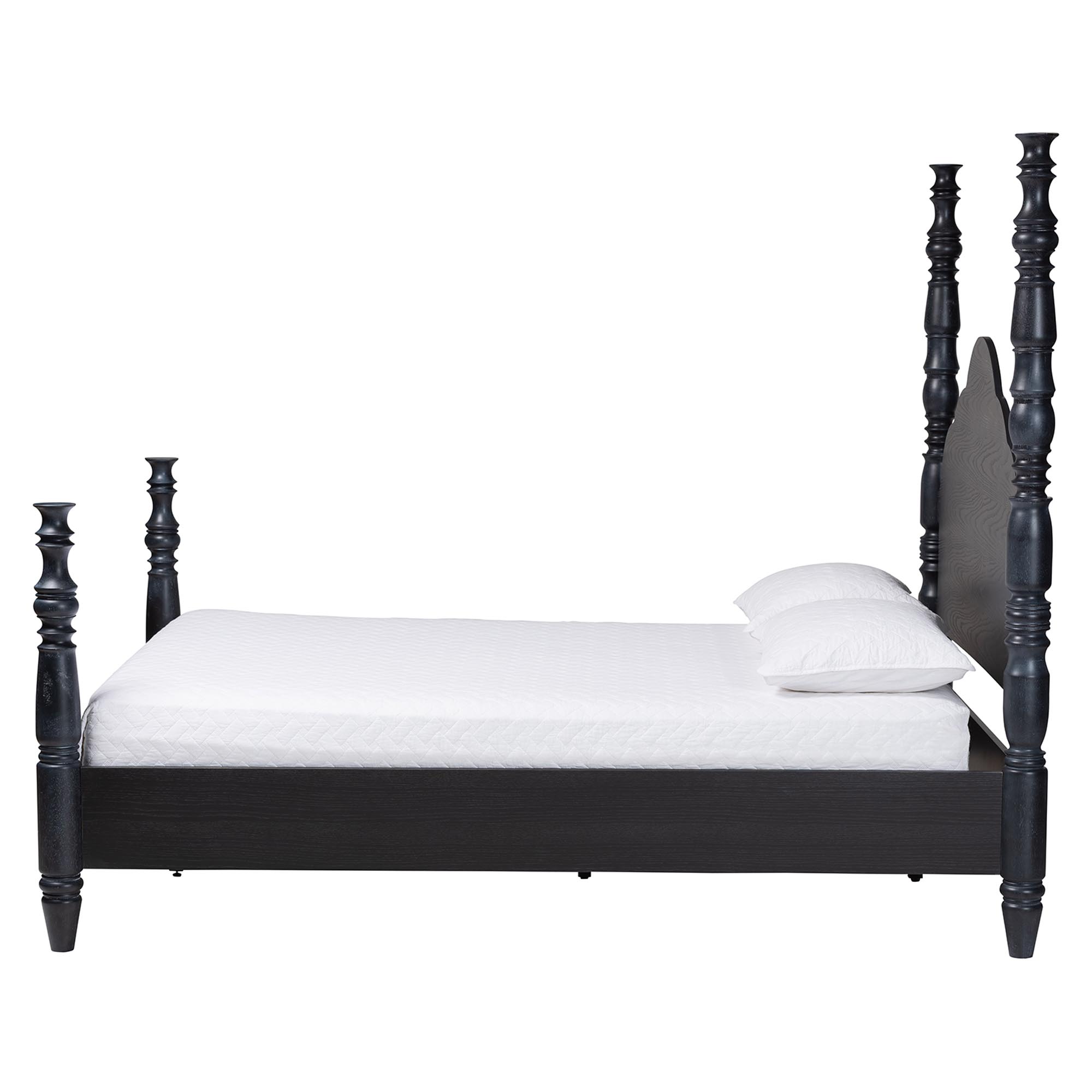 Baxton Studio Martino Four-Poster Platform Bed - Sculpted Post Bed Frame with Panel Headboard, Vintage Spindle Bed, Black, Queen