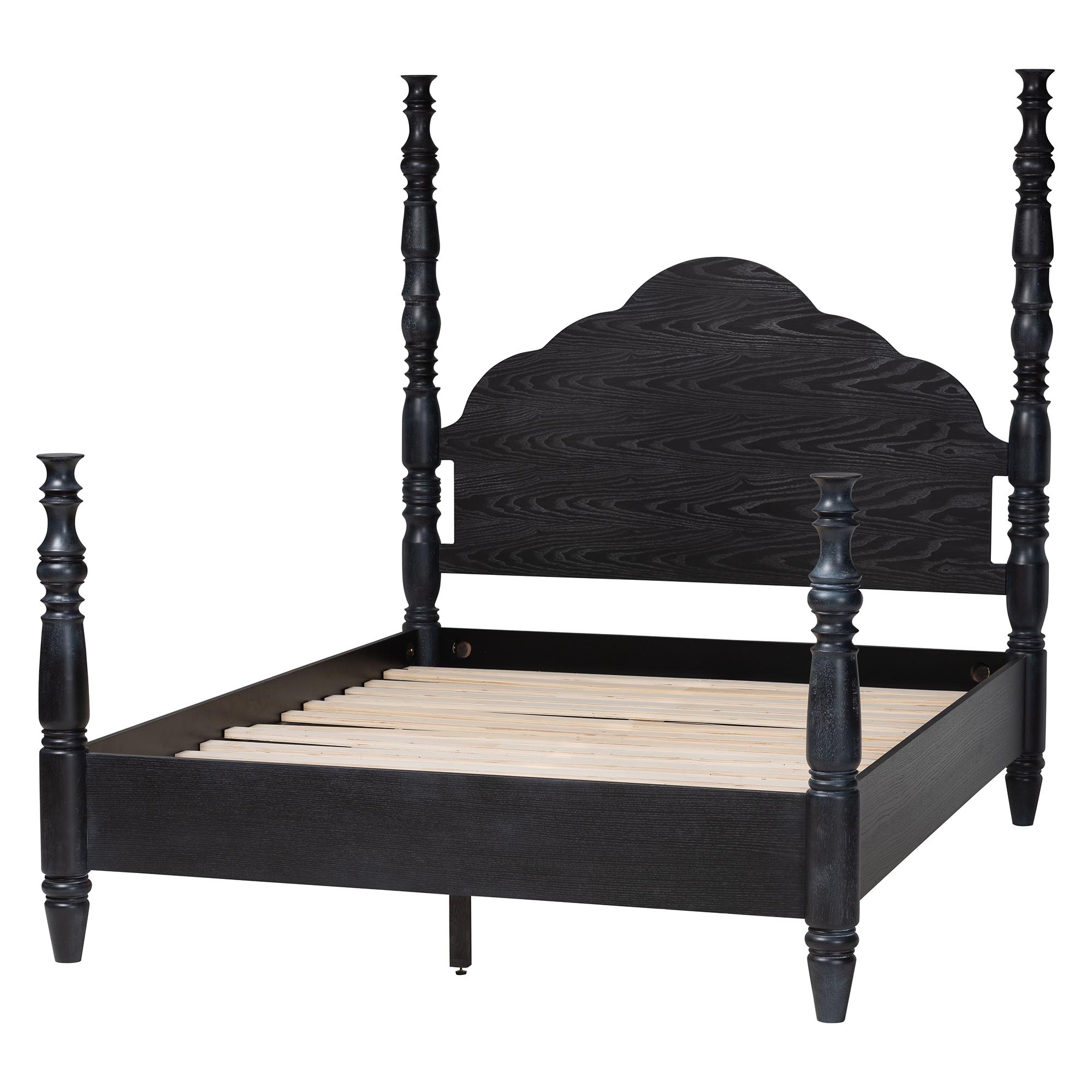 Baxton Studio Martino Four-Poster Platform Bed - Sculpted Post Bed Frame with Panel Headboard, Vintage Spindle Bed, Black, Queen
