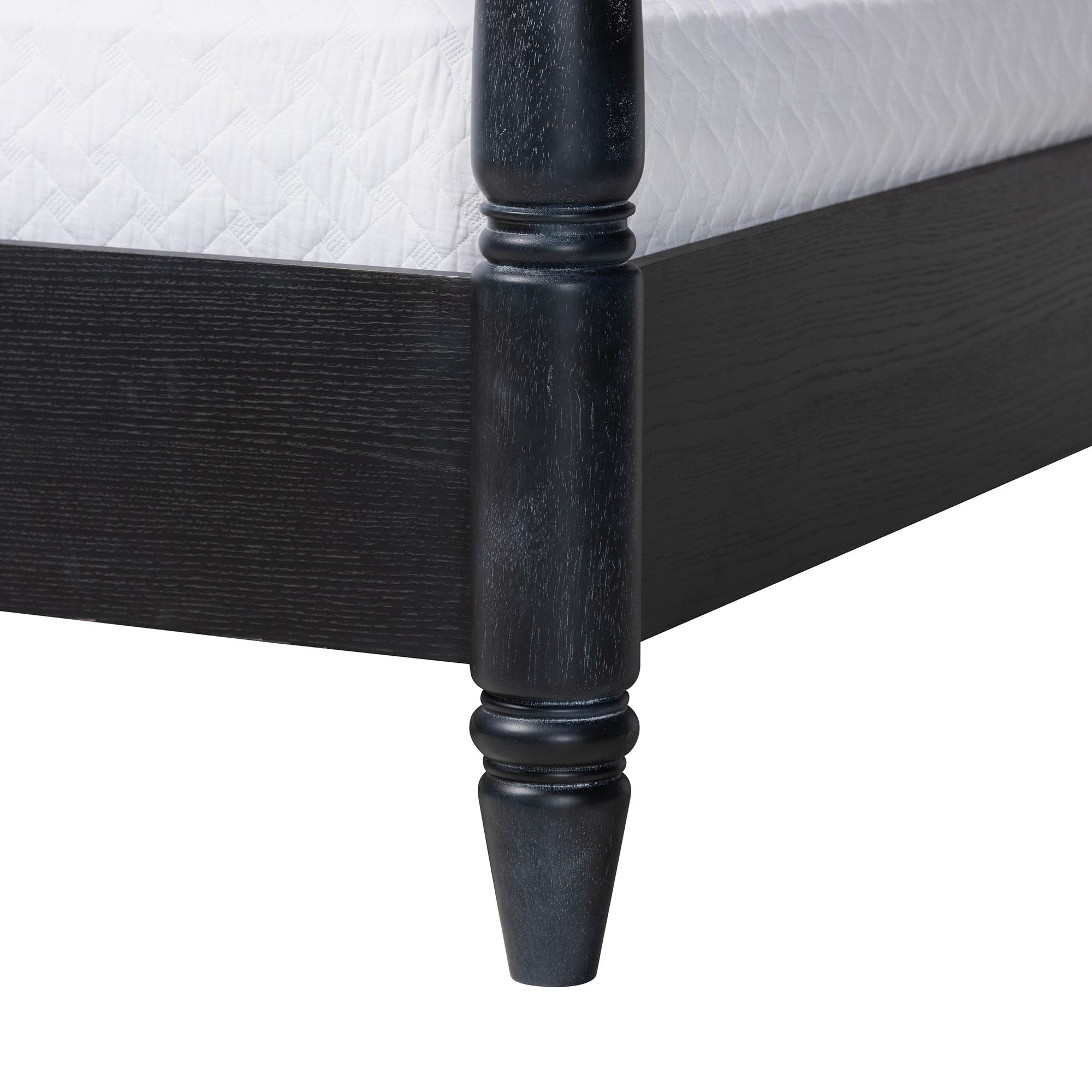 Baxton Studio Martino Four-Poster Platform Bed - Sculpted Post Bed Frame with Panel Headboard, Vintage Spindle Bed, Black, Queen