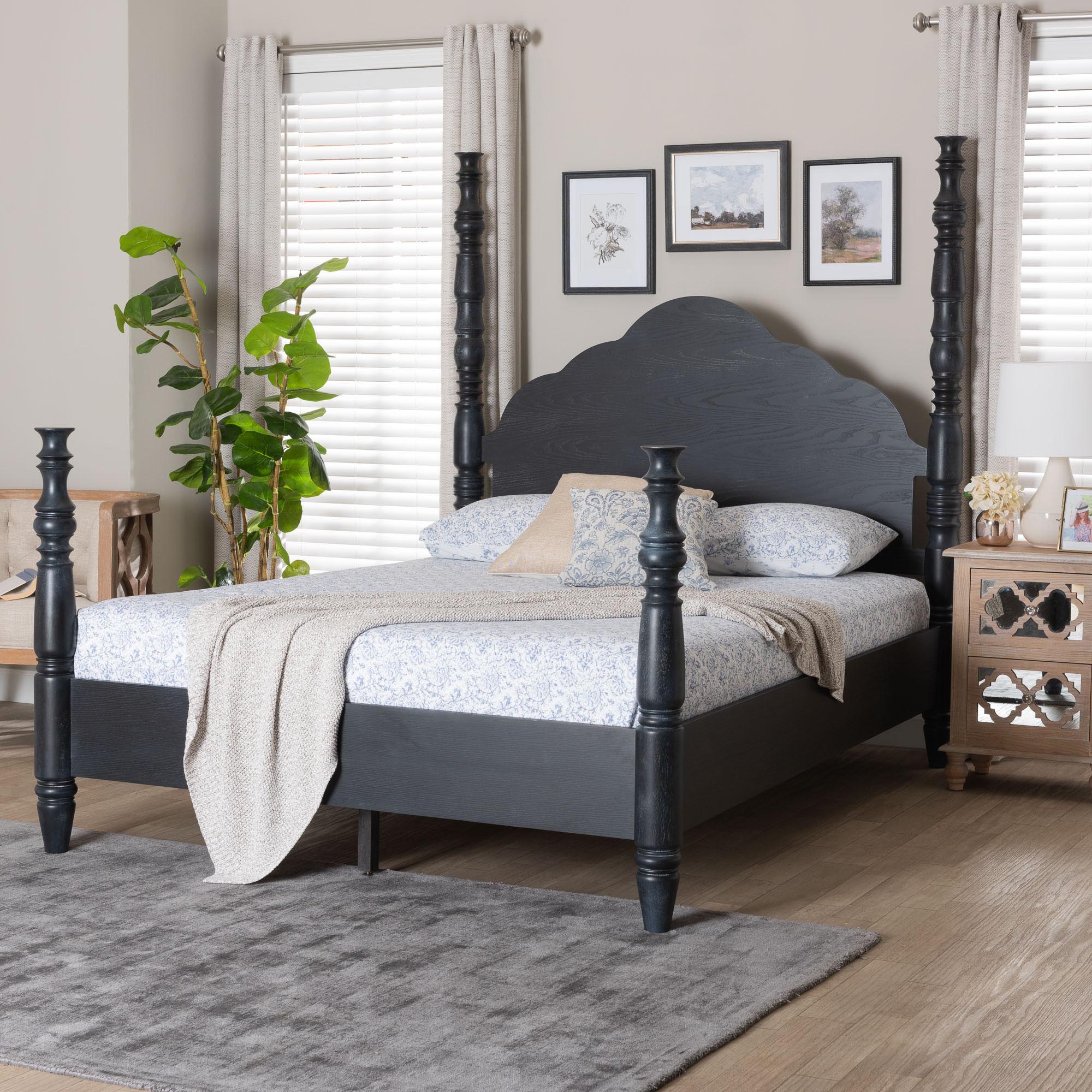 Baxton Studio Martino Four-Poster Platform Bed - Sculpted Post Bed Frame with Panel Headboard, Vintage Spindle Bed, Black, Queen