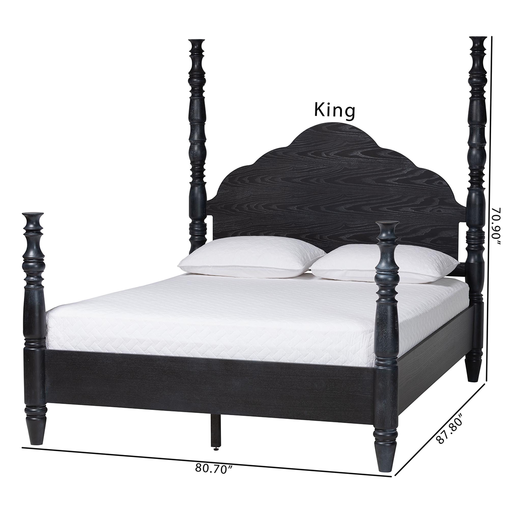 Baxton Studio Martino Four-Poster Platform Bed - Sculpted Post Bed Frame with Panel Headboard, Vintage Spindle Bed, Black, King