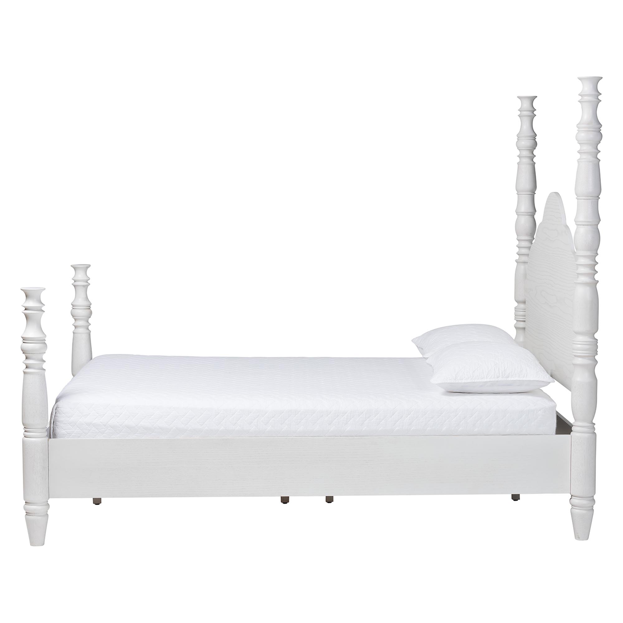 Baxton Studio Martino Four-Poster Platform Bed - Sculpted Post Bed Frame with Panel Headboard, Vintage Spindle Bed, White, King