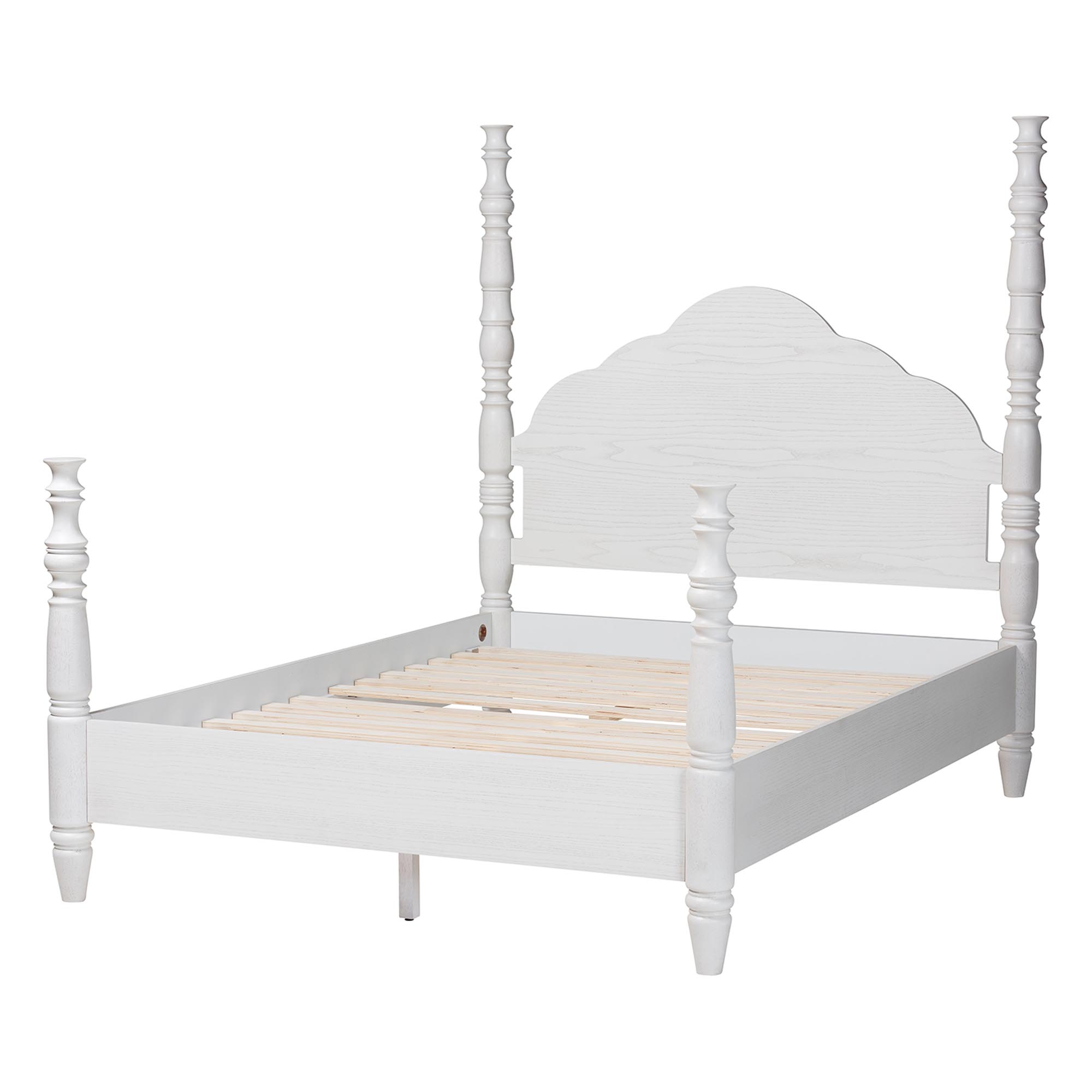 Baxton Studio Martino Four-Poster Platform Bed - Sculpted Post Bed Frame with Panel Headboard, Vintage Spindle Bed, White, Queen