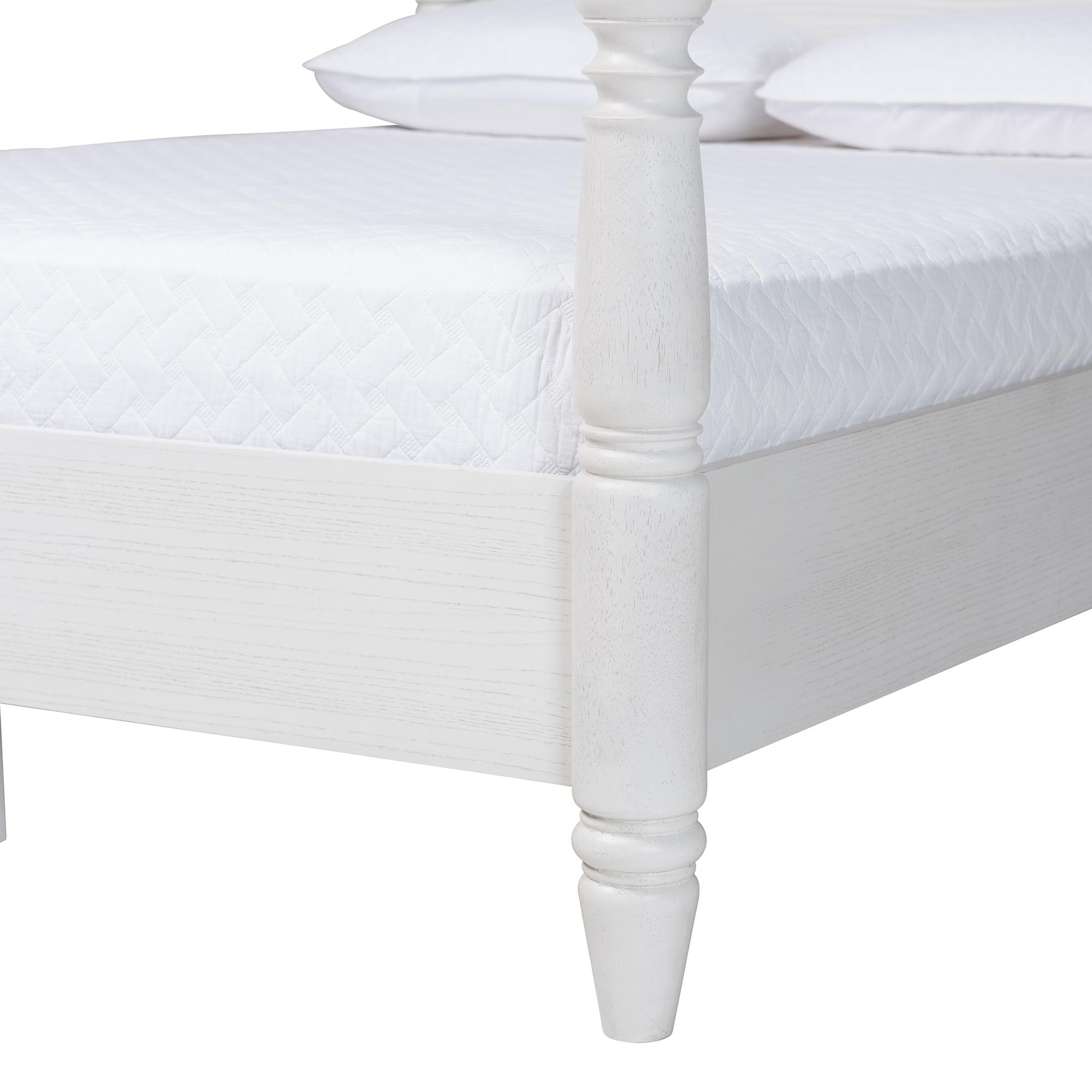 Baxton Studio Martino Four-Poster Platform Bed - Sculpted Post Bed Frame with Panel Headboard, Vintage Spindle Bed, White, Queen
