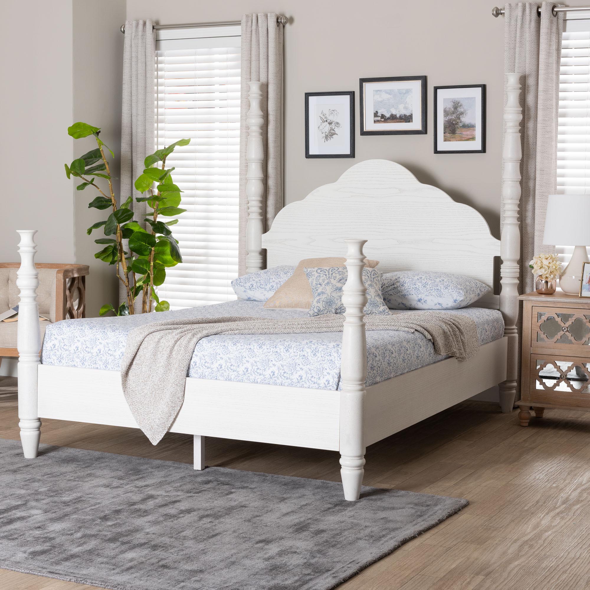 Baxton Studio Martino Four-Poster Platform Bed - Sculpted Post Bed Frame with Panel Headboard, Vintage Spindle Bed, White, Queen