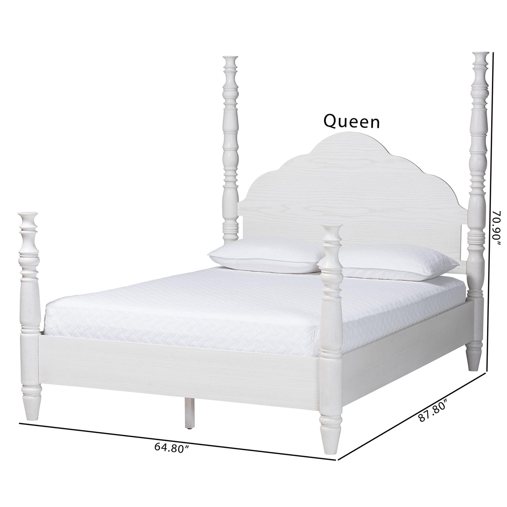 Baxton Studio Martino Four-Poster Platform Bed - Sculpted Post Bed Frame with Panel Headboard, Vintage Spindle Bed, White, Queen
