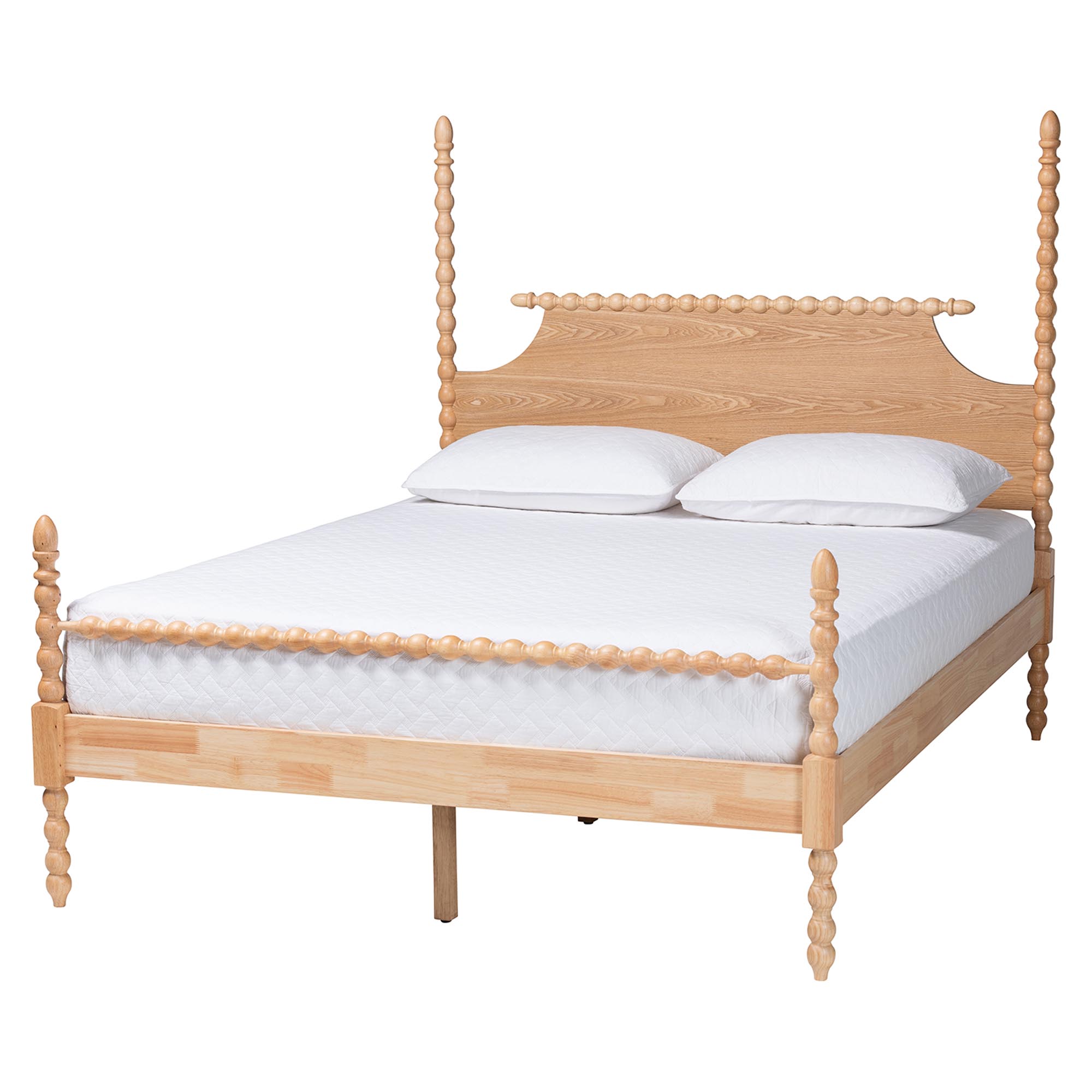 Baxton Studio Caliana Bobbin Four-Poster Platform Bed - Wooden Bed Frame with Turned Spindle Posts and Panel Headboard, Vintage-Inspired Bedroom Furniture, Natural Brown, Queen