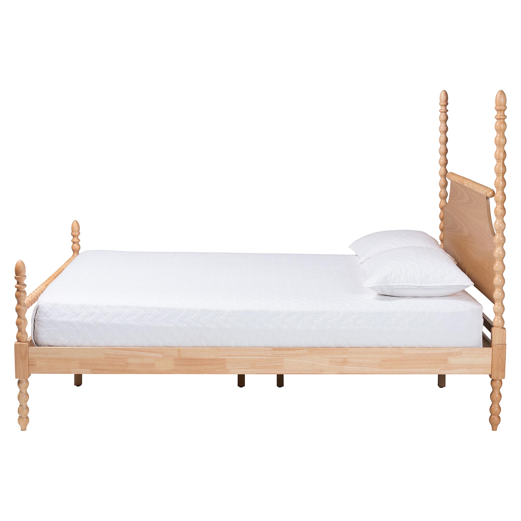 Baxton Studio Caliana Bobbin Four-Poster Platform Bed - Wooden Bed Frame with Turned Spindle Posts and Panel Headboard, Vintage-Inspired Bedroom Furniture, Natural Brown, Queen