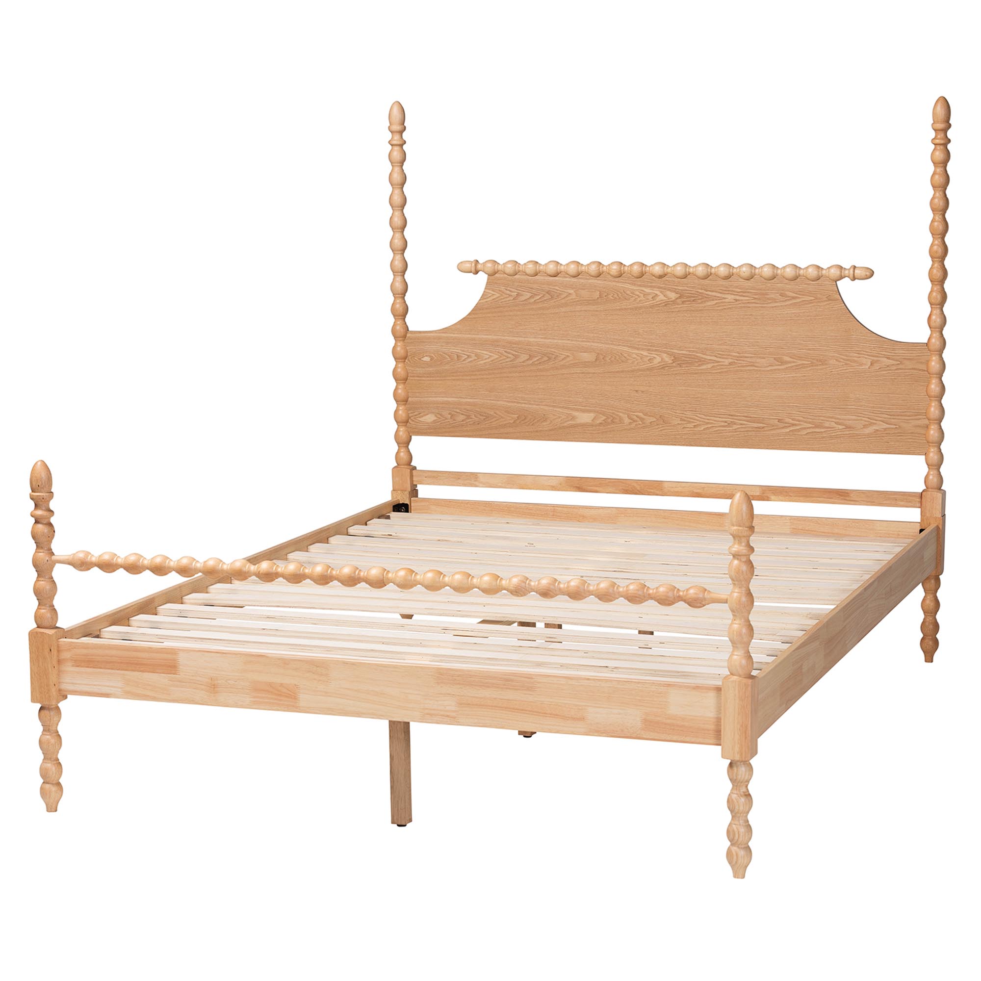Baxton Studio Caliana Bobbin Four-Poster Platform Bed - Wooden Bed Frame with Turned Spindle Posts and Panel Headboard, Vintage-Inspired Bedroom Furniture, Natural Brown, Queen