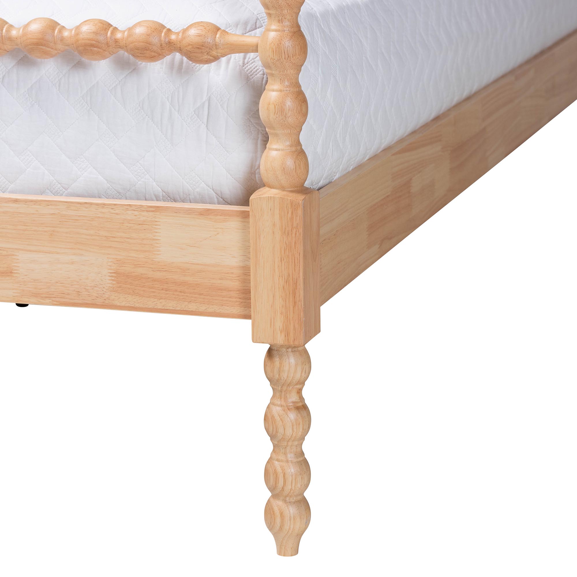 Baxton Studio Caliana Bobbin Four-Poster Platform Bed - Wooden Bed Frame with Turned Spindle Posts and Panel Headboard, Vintage-Inspired Bedroom Furniture, Natural Brown, King
