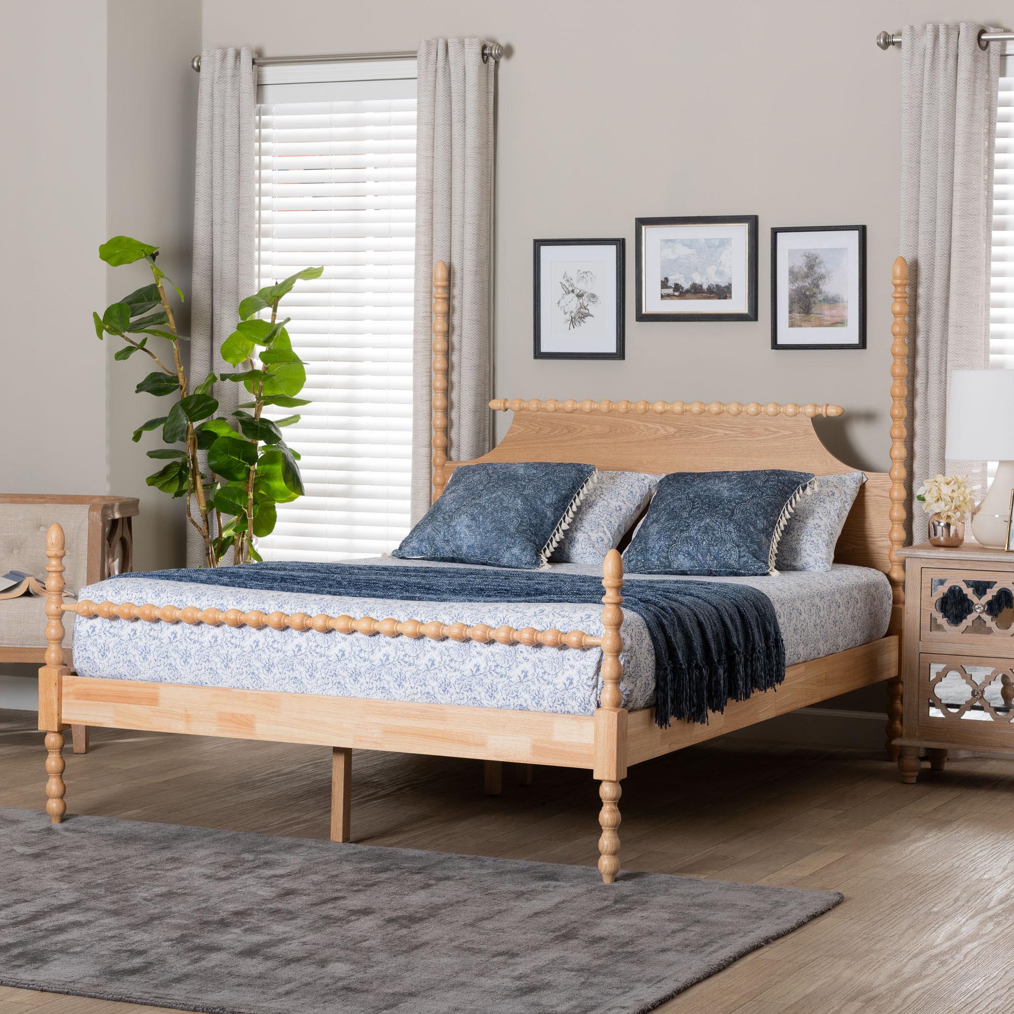 Baxton Studio Caliana Bobbin Four-Poster Platform Bed - Wooden Bed Frame with Turned Spindle Posts and Panel Headboard, Vintage-Inspired Bedroom Furniture, Natural Brown, King