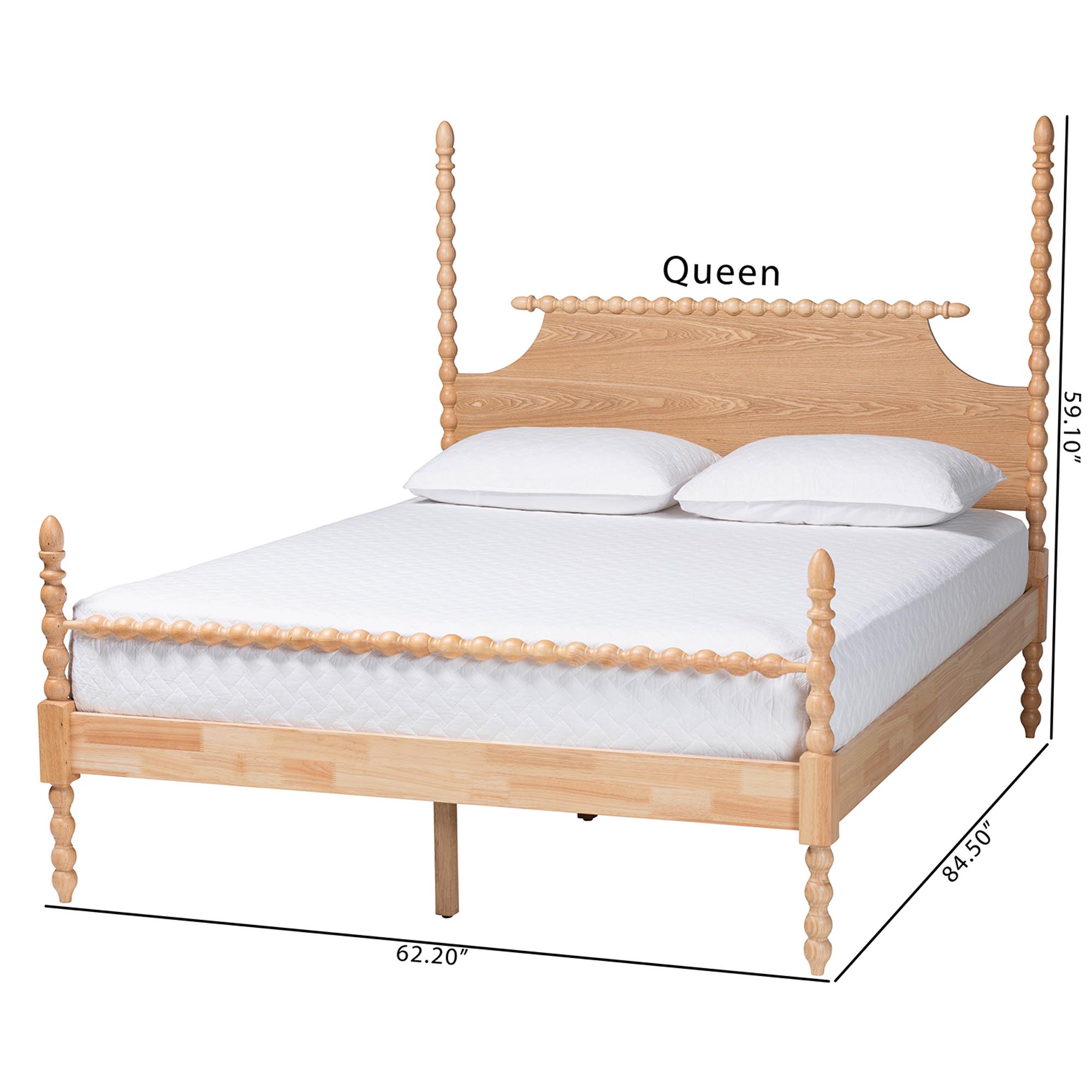 Baxton Studio Caliana Bobbin Four-Poster Platform Bed - Wooden Bed Frame with Turned Spindle Posts and Panel Headboard, Vintage-Inspired Bedroom Furniture, Natural Brown, Queen