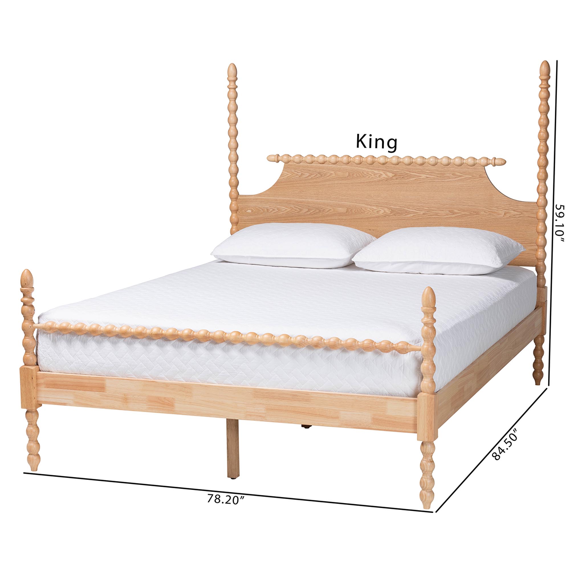 Baxton Studio Caliana Bobbin Four-Poster Platform Bed - Wooden Bed Frame with Turned Spindle Posts and Panel Headboard, Vintage-Inspired Bedroom Furniture, Natural Brown, King