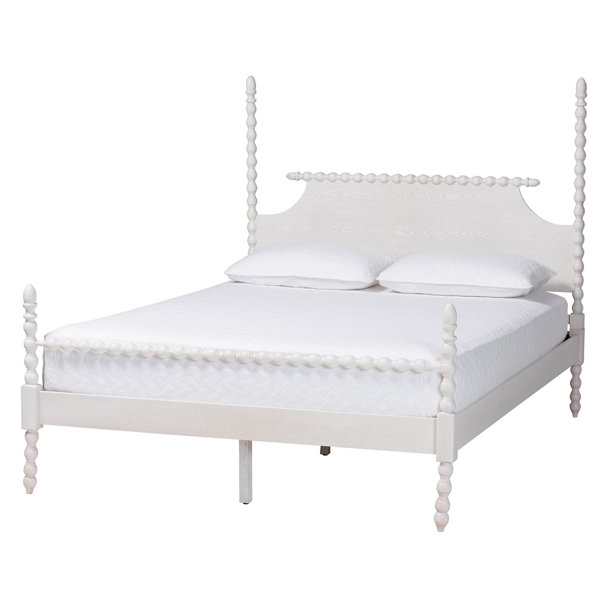 Baxton Studio Caliana Bobbin Four-Poster Platform Bed - Wooden Bed Frame with Turned Spindle Posts and Panel Headboard, Vintage-Inspired Bedroom Furniture, White, Queen