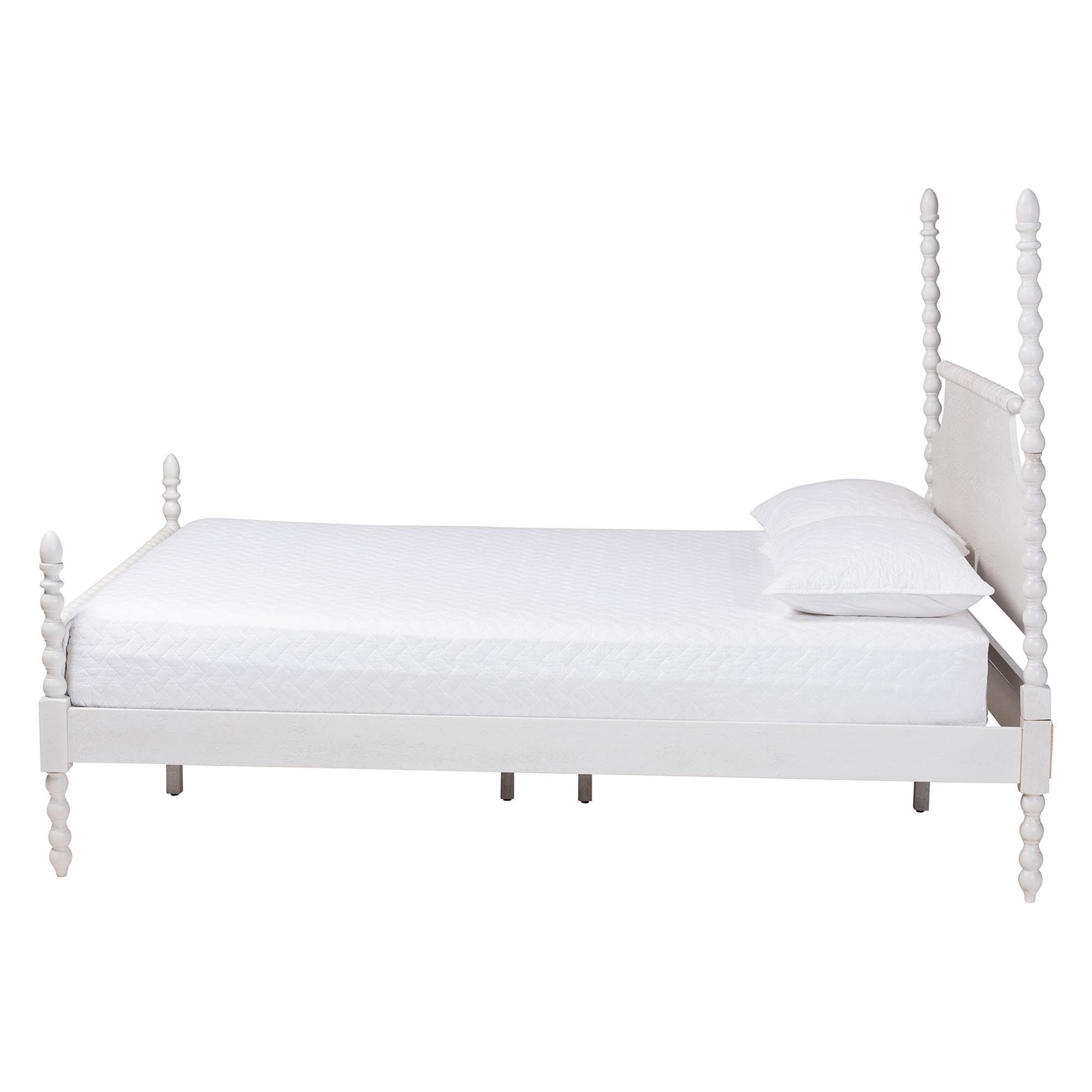 Baxton Studio Caliana Bobbin Four-Poster Platform Bed - Wooden Bed Frame with Turned Spindle Posts and Panel Headboard, Vintage-Inspired Bedroom Furniture, White, Queen