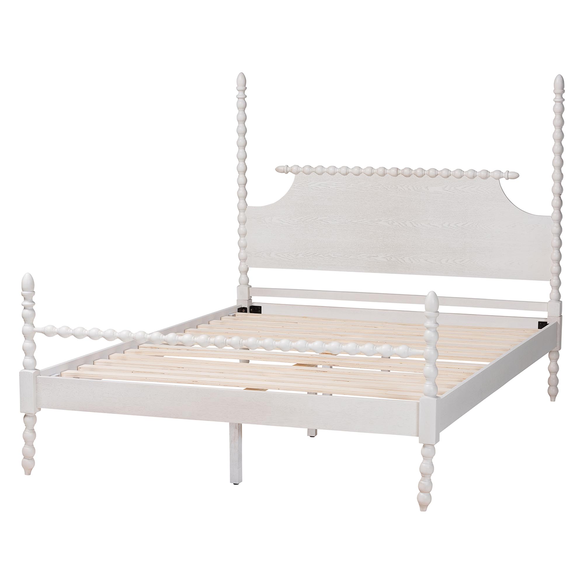 Baxton Studio Caliana Bobbin Four-Poster Platform Bed - Wooden Bed Frame with Turned Spindle Posts and Panel Headboard, Vintage-Inspired Bedroom Furniture, White, Queen