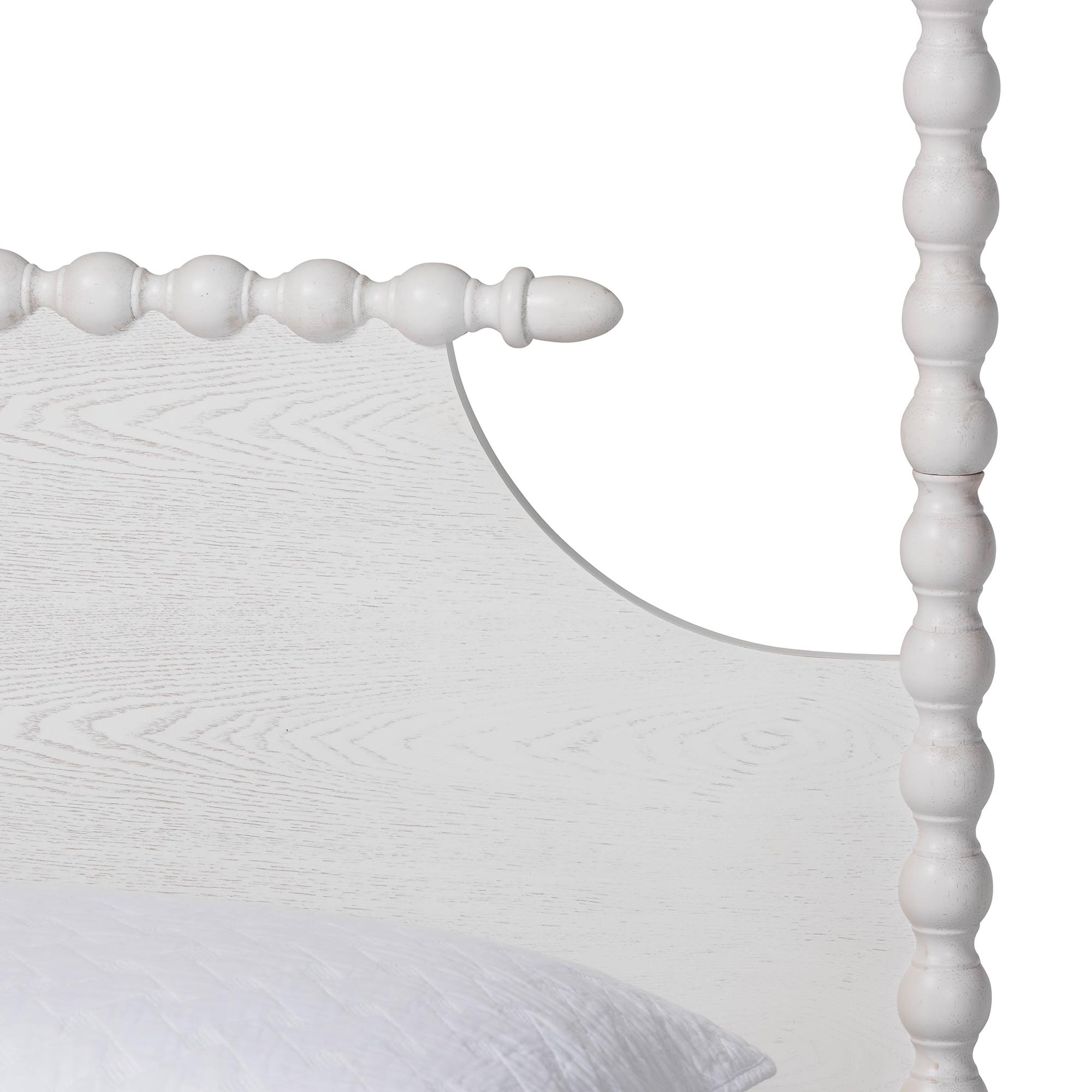 Baxton Studio Caliana Bobbin Four-Poster Platform Bed - Wooden Bed Frame with Turned Spindle Posts and Panel Headboard, Vintage-Inspired Bedroom Furniture, White, King