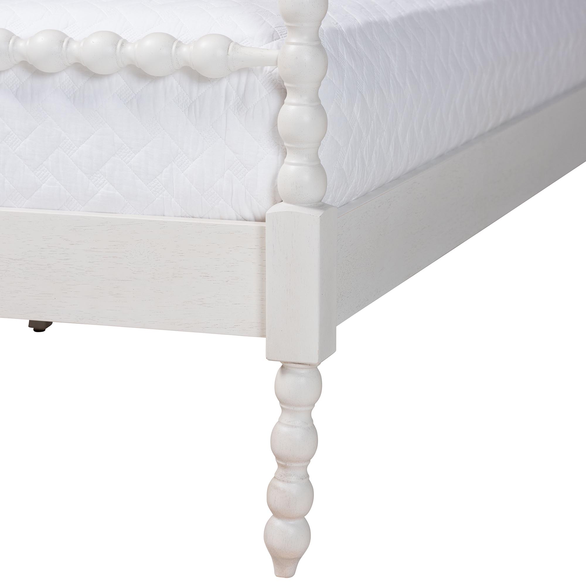 Baxton Studio Caliana Bobbin Four-Poster Platform Bed - Wooden Bed Frame with Turned Spindle Posts and Panel Headboard, Vintage-Inspired Bedroom Furniture, White, Queen