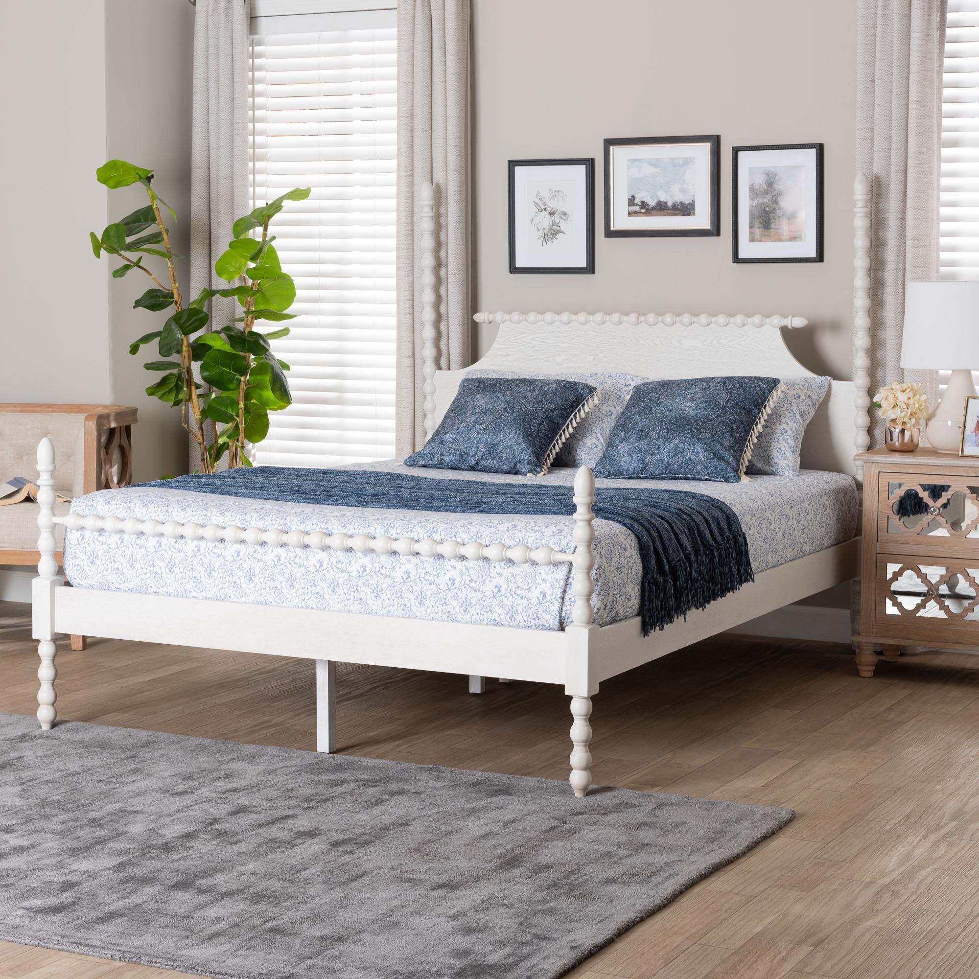 Baxton Studio Caliana Bobbin Four-Poster Platform Bed - Wooden Bed Frame with Turned Spindle Posts and Panel Headboard, Vintage-Inspired Bedroom Furniture, White, King