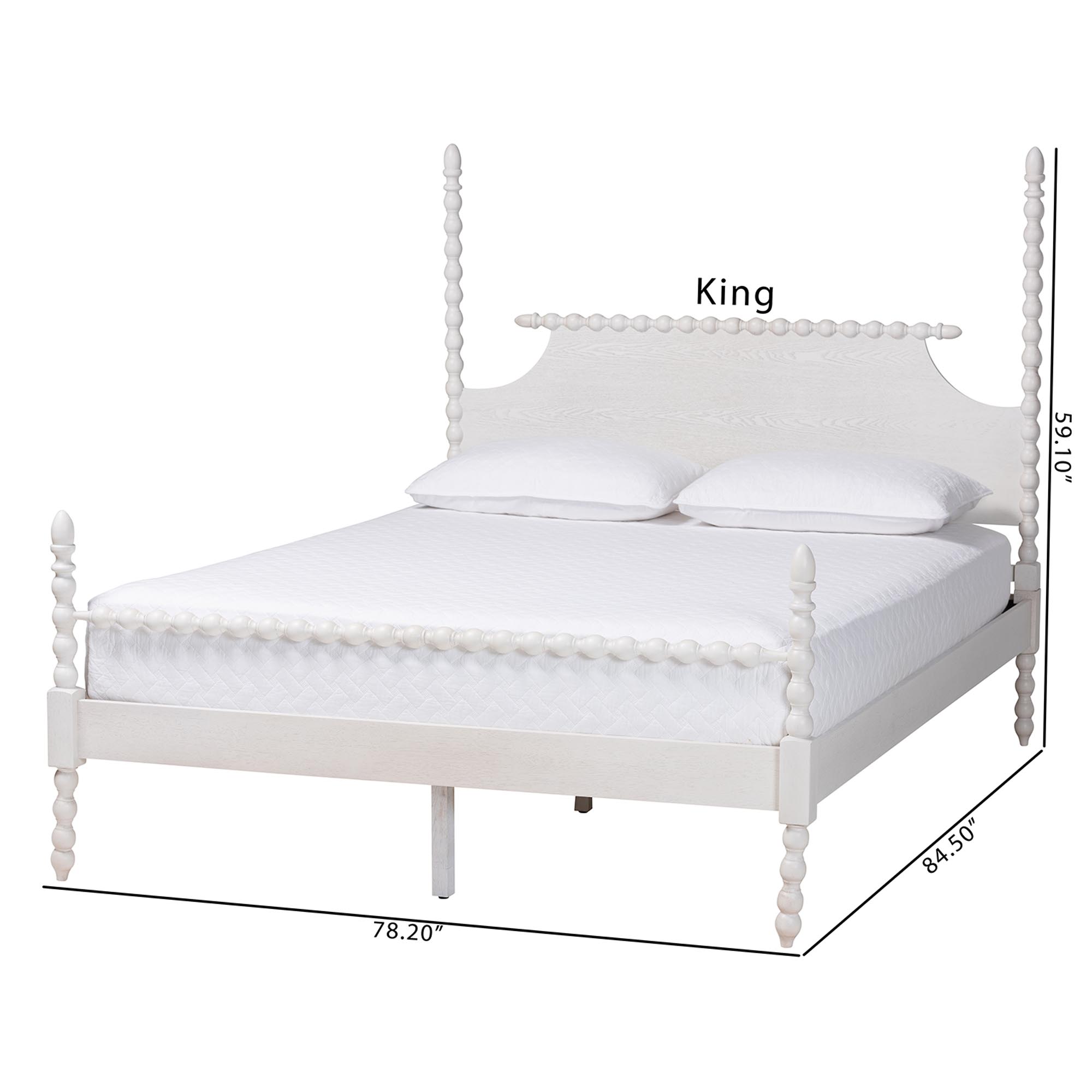 Baxton Studio Caliana Bobbin Four-Poster Platform Bed - Wooden Bed Frame with Turned Spindle Posts and Panel Headboard, Vintage-Inspired Bedroom Furniture, White, Queen